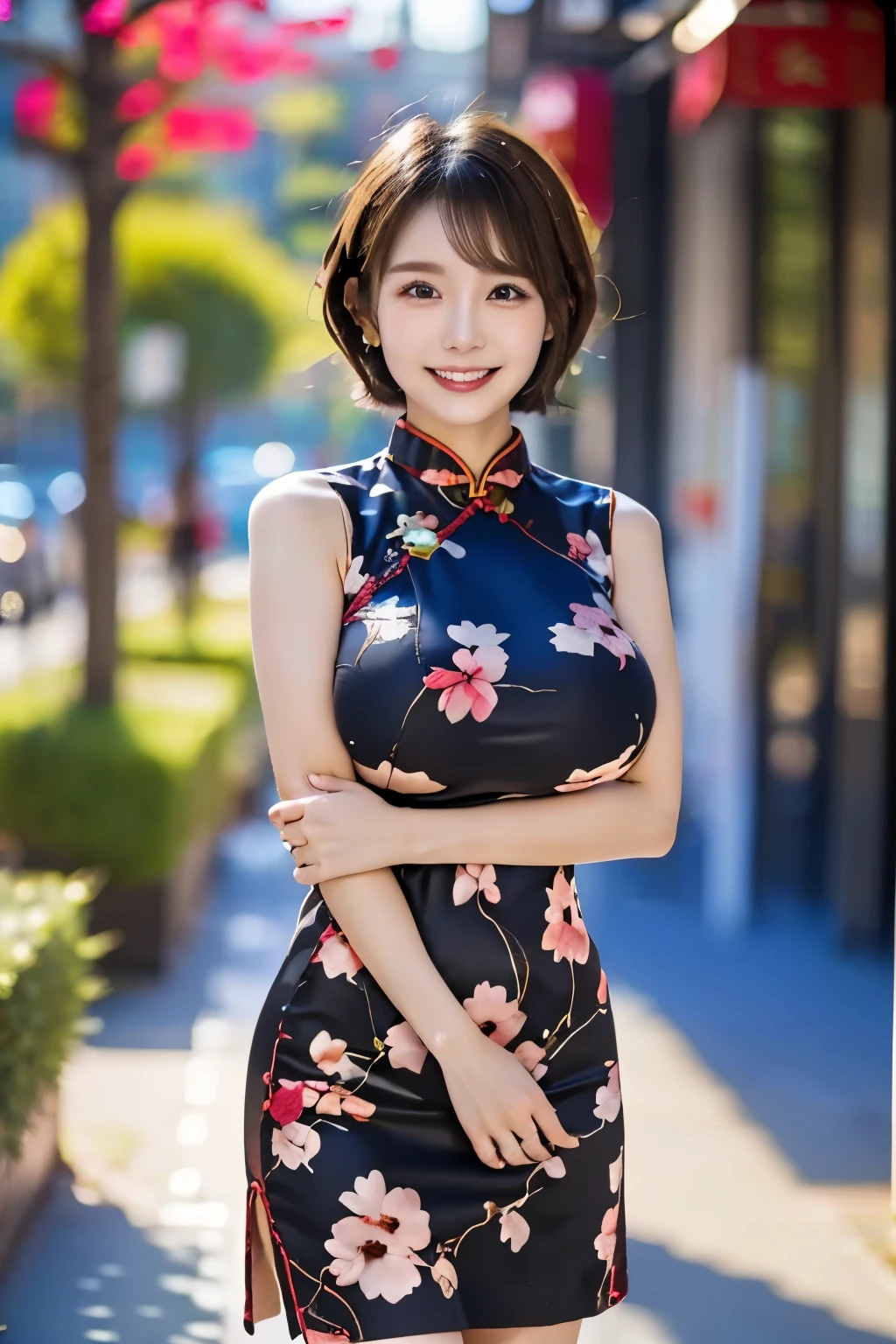 (( woman wearing Chinese clothes))、(high quality、high image quality、masterpiece、8k)、(real)、professional lighting、(standing with legs shoulder-width apart)、( Composition Above Knee )、20 years old、looking at camera、((pixie cut hair))、(short cut hair)、pretty face、big smiles、(Big Breasts:1.5)、((I'm wearing Chinese clothes with a black floral pattern))、((Short length))、((luster))、(Satin)