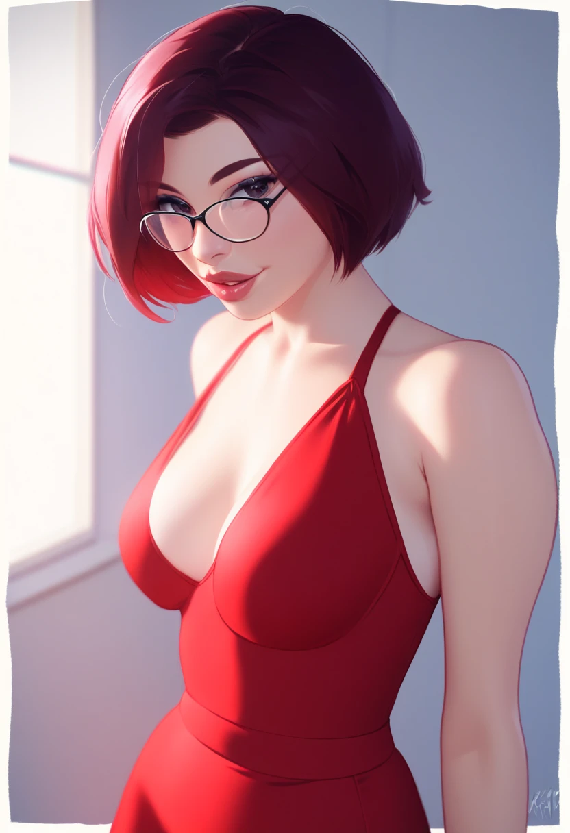 20 years old woman, Short brown hair, Mediterranean with blue eyes, Generous and heavy breasts, slender waist, estomac defini, fesses rebondies et pulpeuses, naturally curved, muscular thighs, aguicheuse, Room, lunettes, air joyeux, Selfie, red summer dress