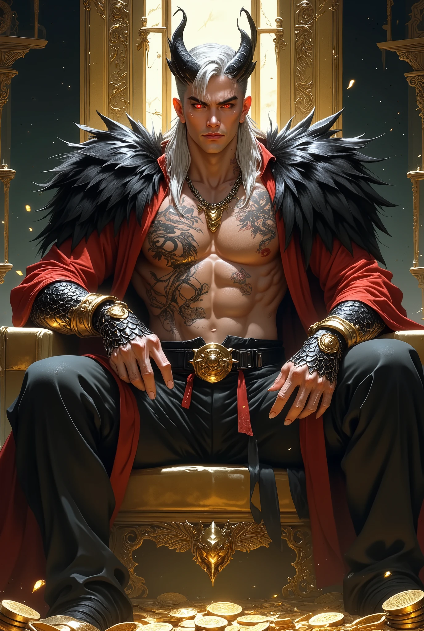 1 male with two hemipenises, Anime illustration semi-realism of Chinese human dragon hybrid male, crooked grin, semi realistic, shirtless, topless, without shirt, (((without pants, without trousers))), muscular, (((super broad shoulders, broad shoulders, very broad shoulders))), (((smaller waist, slimmer waist))), (((slim jaw, narrow jaw))), slightly muscular body, (((Asian eyes, monolid eyes, slanted eyes, red eyes))), (((long sideswept bangs white hair))), (((long hair))), (((long white hair))), pretty lips, full lips, (((red eyes))), sleek design, (((smirking))), masculine facial features, detailed face, handsome face, sharp facial features, sitting leaning back on big golden throne on top of gold coins arms on armrest, (((looking at viewer))), dynamic light, (((has big black and red dragon wings))), ((((has two black dragon horns on head)))), (((has one black dragon tail))), (((black pointy jagged armor on hands, black pointy jagged armor on shoulders))), black pointy jagged armor, (((has two hemipenises, has two black scaled hemipenises))), naked, (((naked legs, naked torso))),