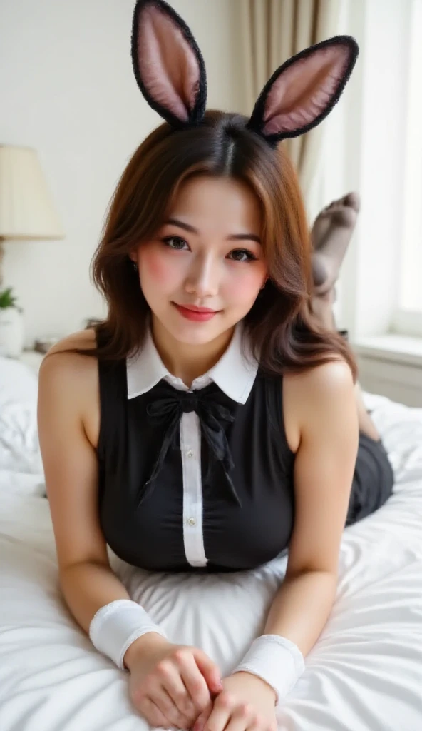 Pure Japanese young maid girl, wearing traditional British maid dress, stockings, high heels, vivid makeup, natural black hair styles, sitting and relaxing, sexual attractive, sweet smile, professional portrait photography, summer morning light,