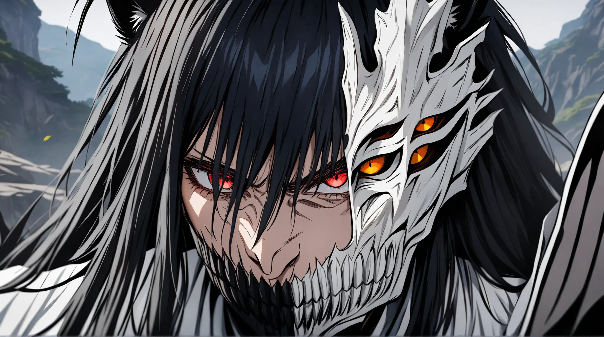 estilo anime bleach, junkotvvxl , red eyes, black hair, cat ears, blows, hair between eyes, long hair, , (Ahoge), straight bangs, hair between eyes, , cape,close up, black heavy detailed clothes, single person, weapon, art, dark and malevolent, weapon, armor, powerful and intimidating, (masterpiece, best quality, ultra-detailed, best shadow), (detailed background, dark fantasy) , armor, high detailed background, girl in demon slayer art, , epic anime art, God death