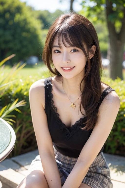 whole body, highest quality, figure, Super detailed, finely, High resolution, 8k wallpaper, 完璧なダイナミックな構figure, detailed and beautiful eyes, cute girly clothes,long hair, middle of chest, natural color lip, random cute poses,smile,garden,outside,date,