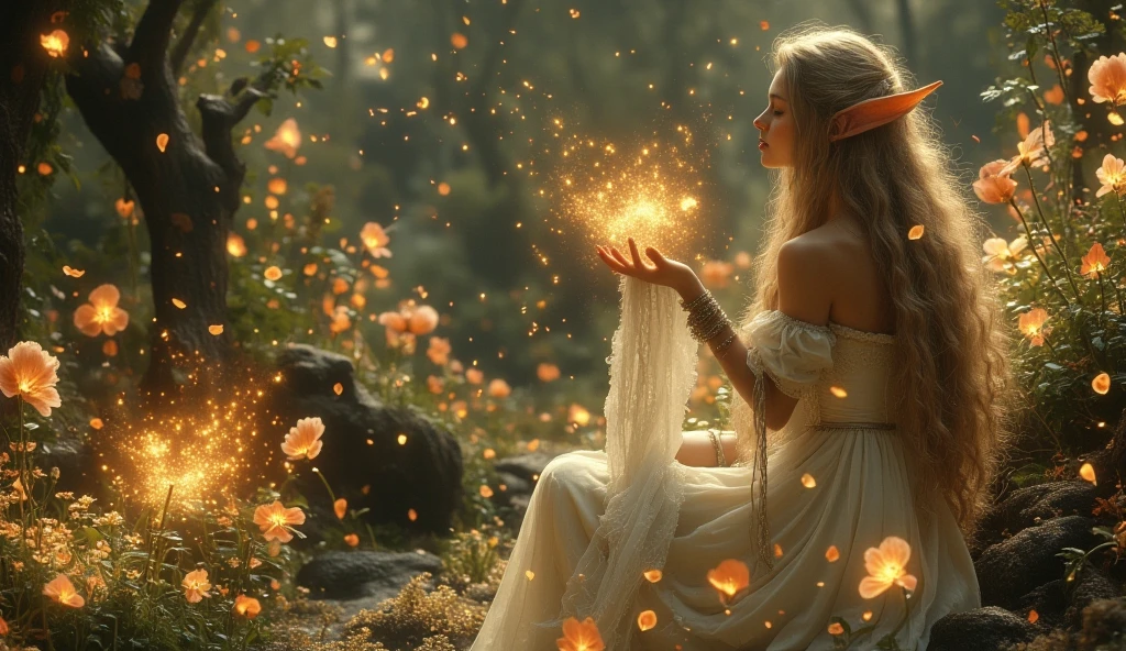 a very beautiful elf with a long and elven medieval dress, She has long ...