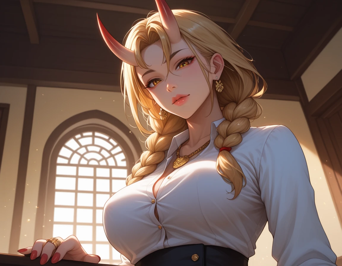 text, Highest quality, masterpiece, 4K, Absurd resolution, Ultra-high resolution, 8k, , Realistic, Bright colors, Bokeh, Vibrant color palette, Great studio lighting, Very detailed, Detailed eyes, Detailed skin, Detailed Hair, Detailed face, Detailed fabric, BREAK, YamatoV2(one piece), sexy Pose, Perfect body skinny, Fine and beautiful eyes, Beautiful Lips, Highly detailed face, Long eyelashes, sexy, horn(Wrapping , Left and right pair, multicolo Red), large breasts , Cleavage, Slim waist, smile, Torn clothes, Loincloth, Hands in chains, Very detailed, Bright colors, ,The clothes are see-through , full-body, dynamic angle, (background is Japanese Castle)