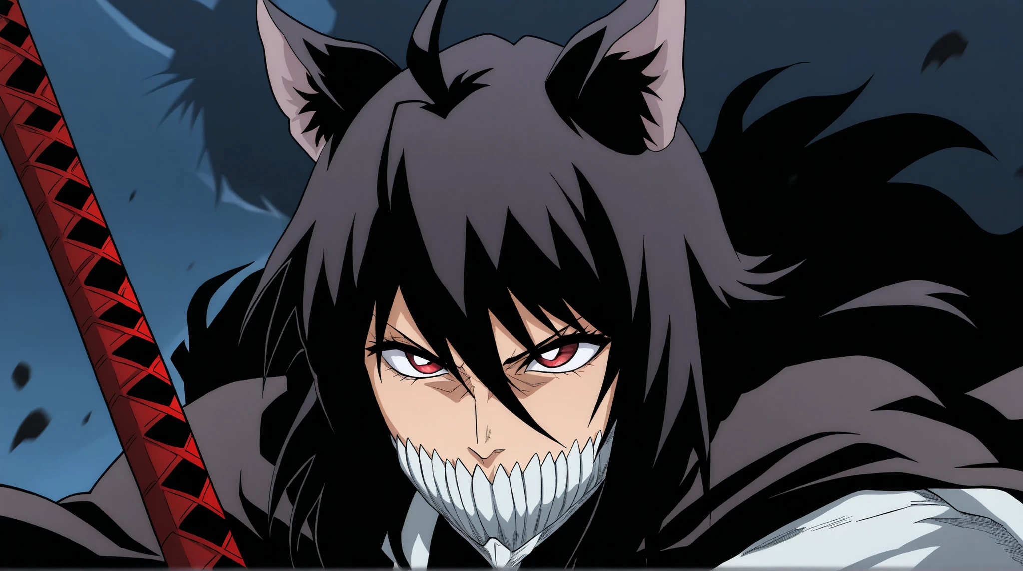 estilo anime bleach, junkotvvxl , red eyes, black hair, cat ears, blows, hair between eyes, long hair, , (Ahoge), straight bangs, hair between eyes, , cape,close up, black heavy detailed clothes, single person, weapon, art, dark and malevolent, weapon, armor, powerful and intimidating, (masterpiece, best quality, ultra-detailed, best shadow), (detailed background, dark fantasy) , armor, high detailed background, girl in demon slayer art, , epic anime art, God death