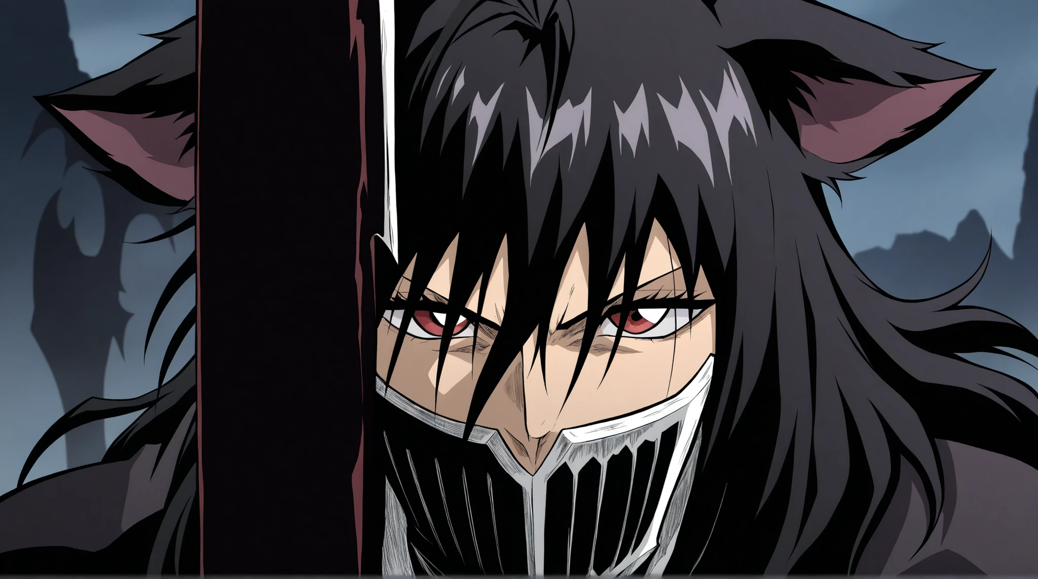 estilo anime bleach, junkotvvxl , red eyes, black hair, cat ears, blows, hair between eyes, long hair, , (Ahoge), straight bangs, hair between eyes, , cape,close up, black heavy detailed clothes, single person, weapon, art, dark and malevolent, weapon, armor, powerful and intimidating, (masterpiece, best quality, ultra-detailed, best shadow), (detailed background, dark fantasy) , armor, high detailed background, girl in demon slayer art, , epic anime art, God death
