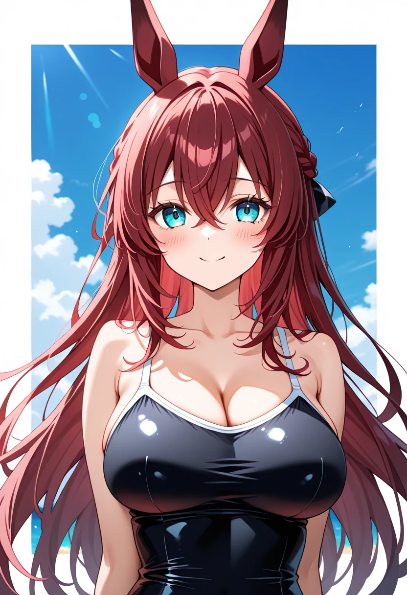 ((massive boob)), cleavage, chubby, belly, big butt, see through bikini, sweaty, cute face, small face, summer, long hair, red hair, girl, sweaty, blue ocean, blue sky