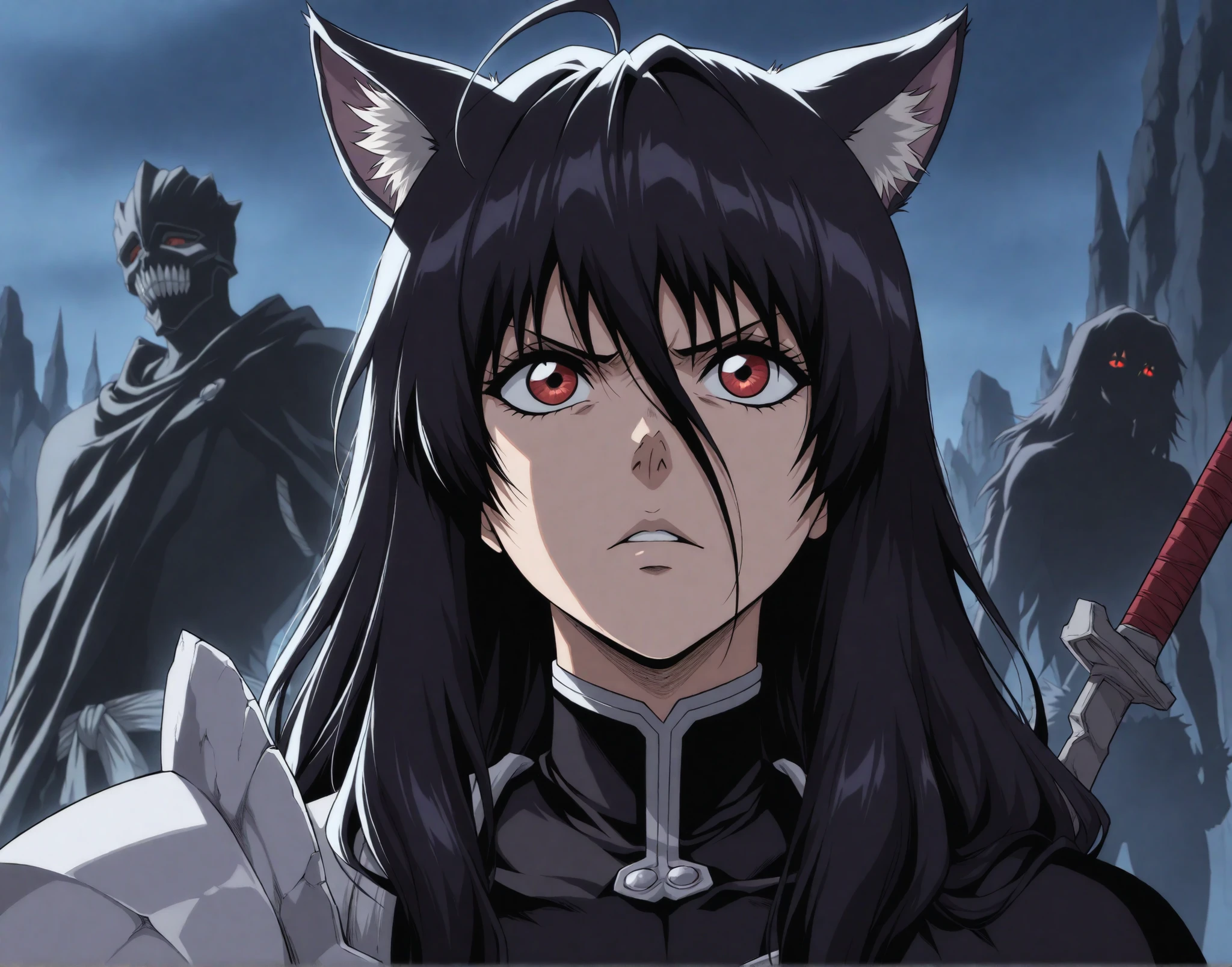 estilo anime bleach, junkotvvxl , red eyes, black hair, cat ears, blows, hair between eyes, long hair, , (Ahoge), straight bangs, hair between eyes, , cape,close up, black heavy detailed clothes, single person, weapon, art, dark and malevolent, weapon, armor, powerful and intimidating, (masterpiece, best quality, ultra-detailed, best shadow), (detailed background, dark fantasy) , armor, high detailed background, girl in demon slayer art, , epic anime art, God death