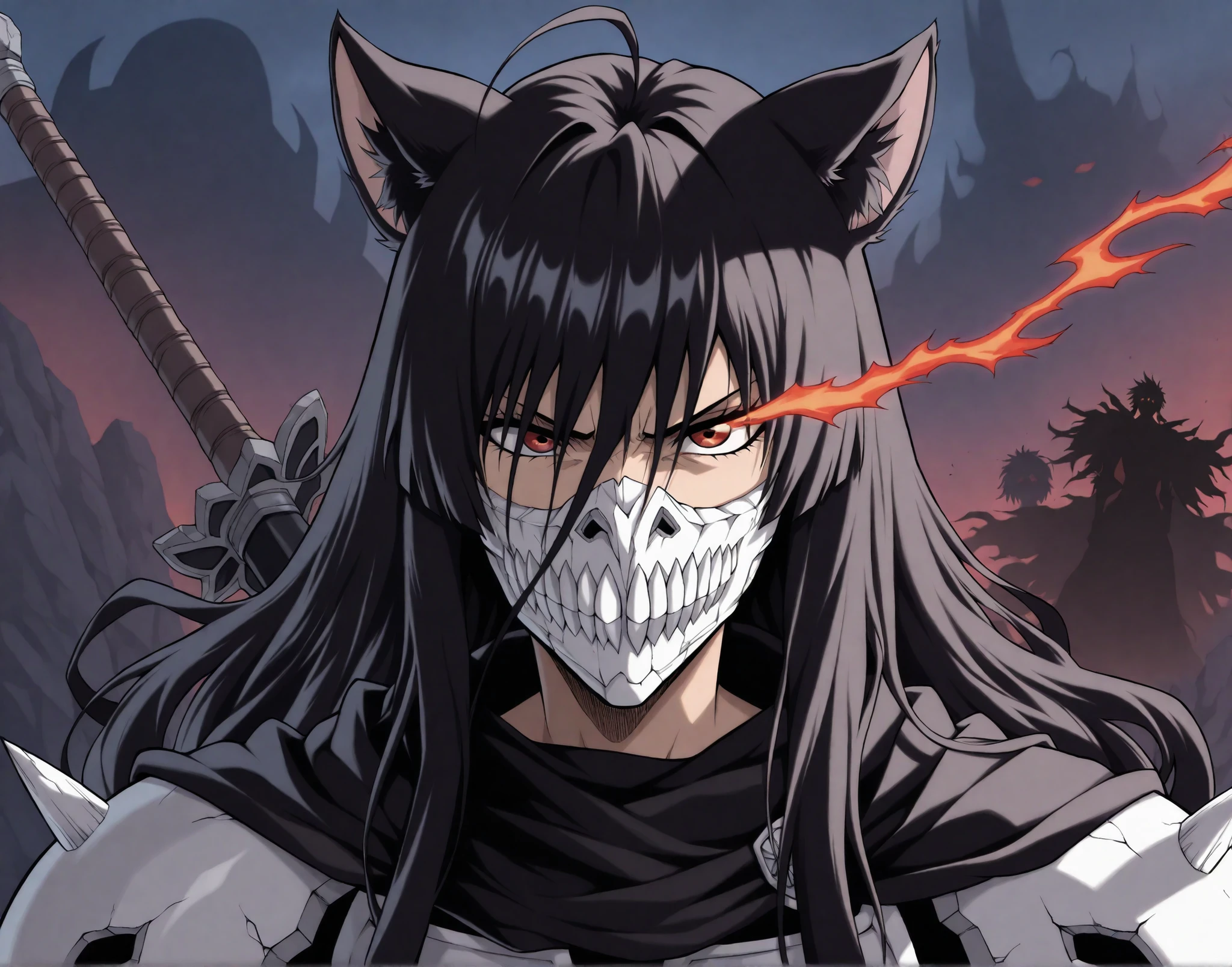 estilo anime bleach, junkotvvxl , red eyes, black hair, cat ears, blows, hair between eyes, long hair, , (Ahoge), straight bangs, hair between eyes, , cape,close up, black heavy detailed clothes, single person, weapon, art, dark and malevolent, weapon, armor, powerful and intimidating, (masterpiece, best quality, ultra-detailed, best shadow), (detailed background, dark fantasy) , armor, high detailed background, girl in demon slayer art, , epic anime art, God death