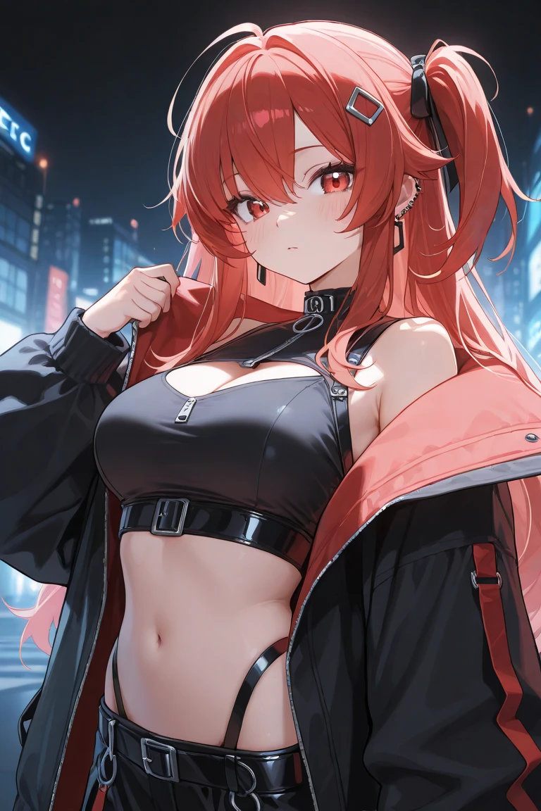 A breathtaking digital art piece showcases a redheaded woman, her fiery locks pulled back into a ponytail, her bright, supersized eyes boasting intricate details, and full lips painted an alluring shade of red. Her chiseled physique and wide hips are accentuated by the form-fitting black leather jumpsuit she wears, its shiny surface reflecting the surrounding environment and emphasizing her figure. A windbreaker, with a hood and a vibrant neon pink interior, covers her shoulders. With a look of fear and embarrassment etched on her face, she moves down a bustling urban street. Passersby cast curious glances in her direction, captivated by her