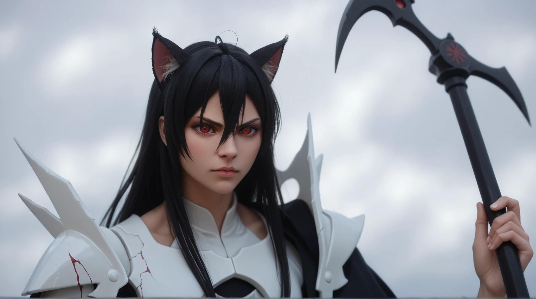 estilo anime bleach, junkotvvxl , red eyes, black hair, cat ears, blows, hair between eyes, long hair, , (Ahoge), straight bangs, hair between eyes, , cape,close up, black heavy detailed clothes, single person, weapon, art, dark and malevolent, weapon, armor, powerful and intimidating, (masterpiece, best quality, ultra-detailed, best shadow),, armor, high detailed background, girl in demon slayer art, , epic anime art, God death