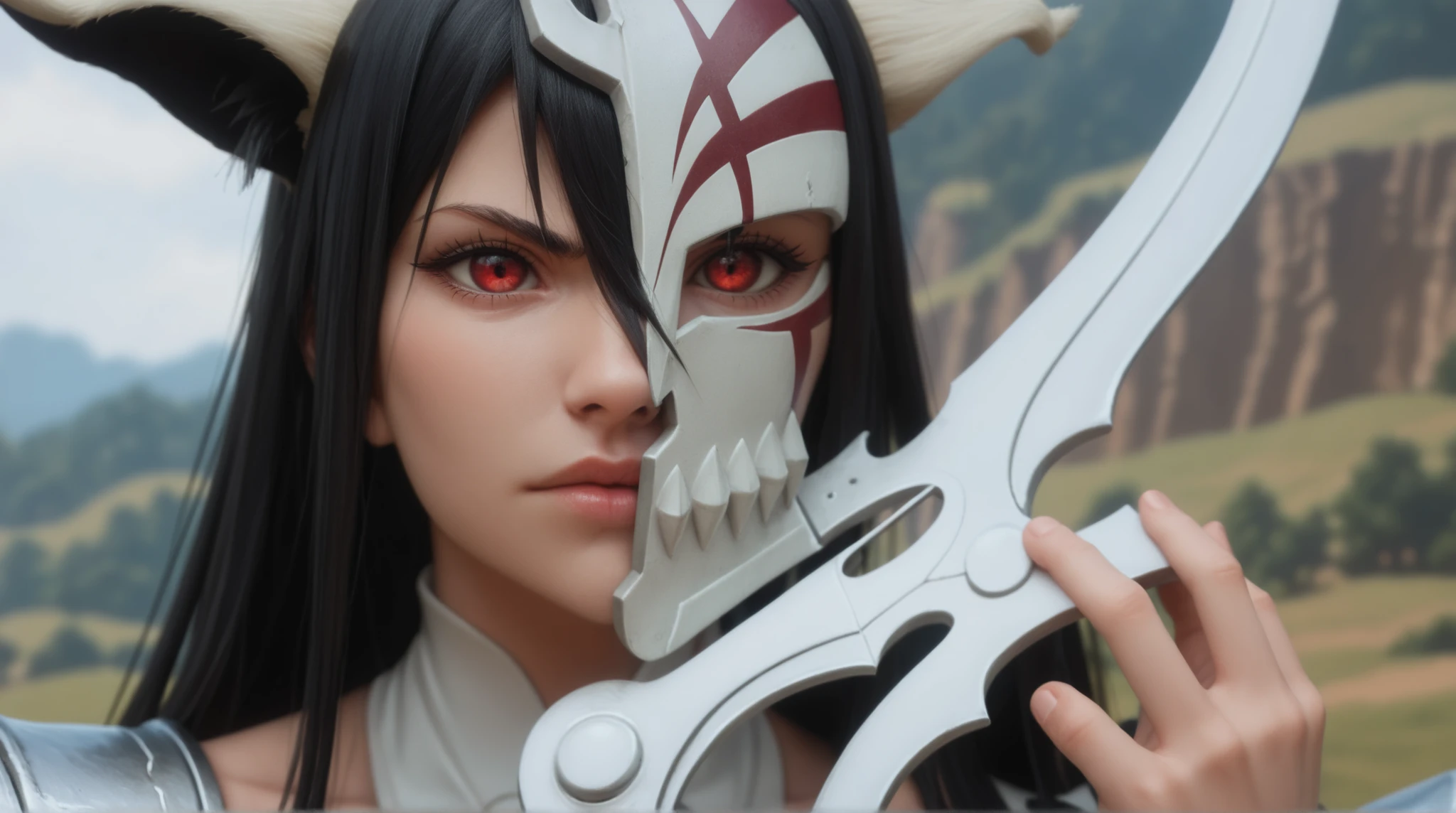 estilo anime bleach, junkotvvxl , red eyes, black hair, cat ears, blows, hair between eyes, long hair, , (Ahoge), straight bangs, hair between eyes, , cape,close up, black heavy detailed clothes, single person, weapon, art, dark and malevolent, weapon, armor, powerful and intimidating, (masterpiece, best quality, ultra-detailed, best shadow),, armor, high detailed background, girl in demon slayer art, , epic anime art, God death