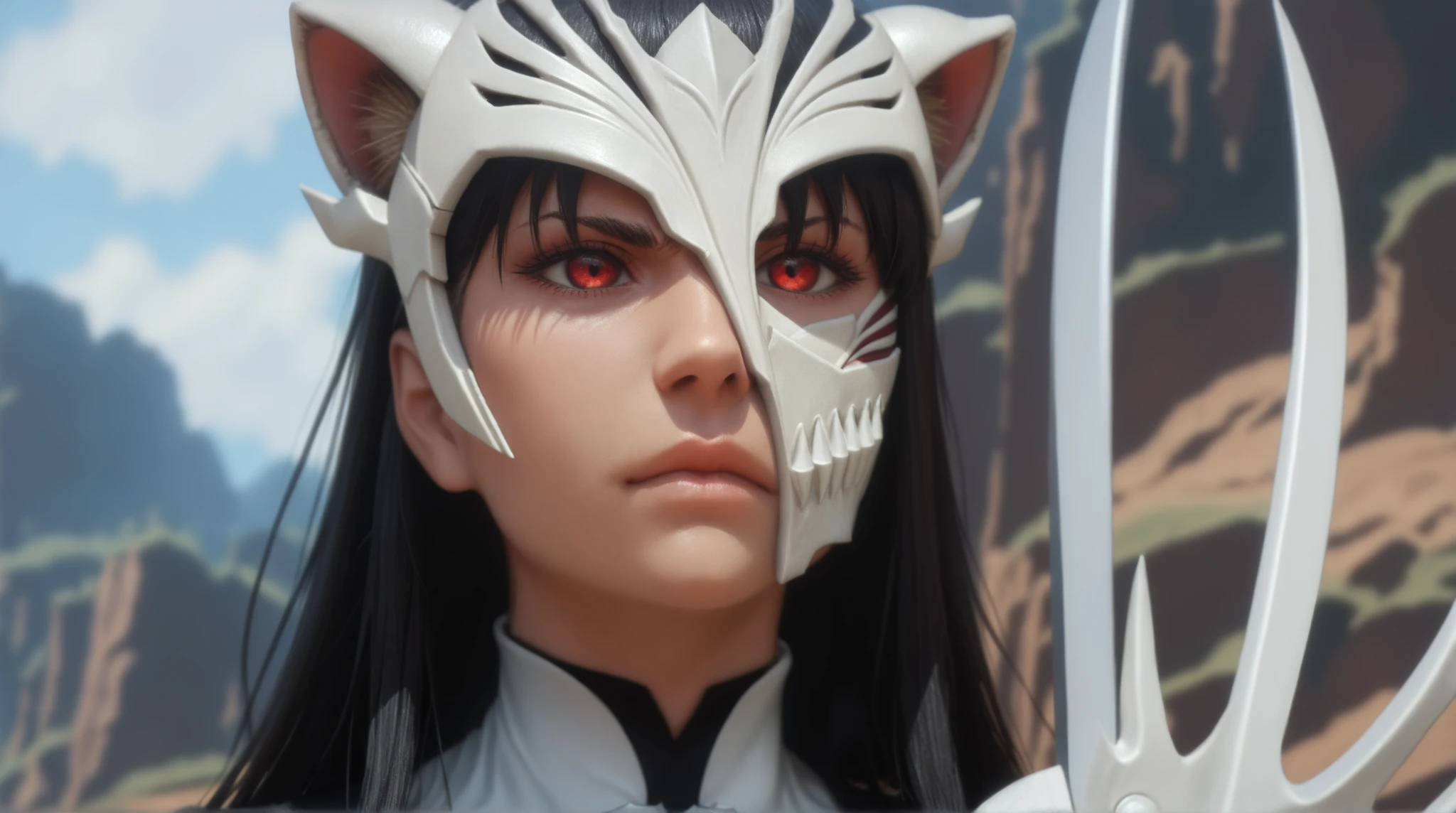 estilo anime bleach, junkotvvxl , red eyes, black hair, cat ears, blows, hair between eyes, long hair, , (Ahoge), straight bangs, hair between eyes, , cape,close up, black heavy detailed clothes, single person, weapon, art, dark and malevolent, weapon, armor, powerful and intimidating, (masterpiece, best quality, ultra-detailed, best shadow), (detailed background, dark fantasy) , armor, high detailed background, girl in demon slayer art, , epic anime art, God death