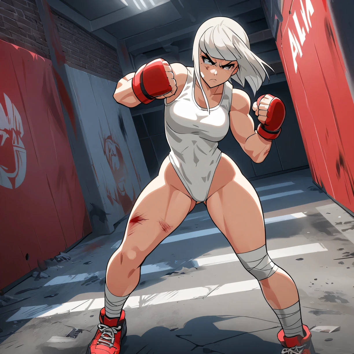 High resolution, side view of a street fighter girl, white shirt, Short and red pollerita, torso superior, Body injured by a fight, with a 2d style, serious and violent, Athletic, Fight alley, tired, bandages on the legs, legs and thighs