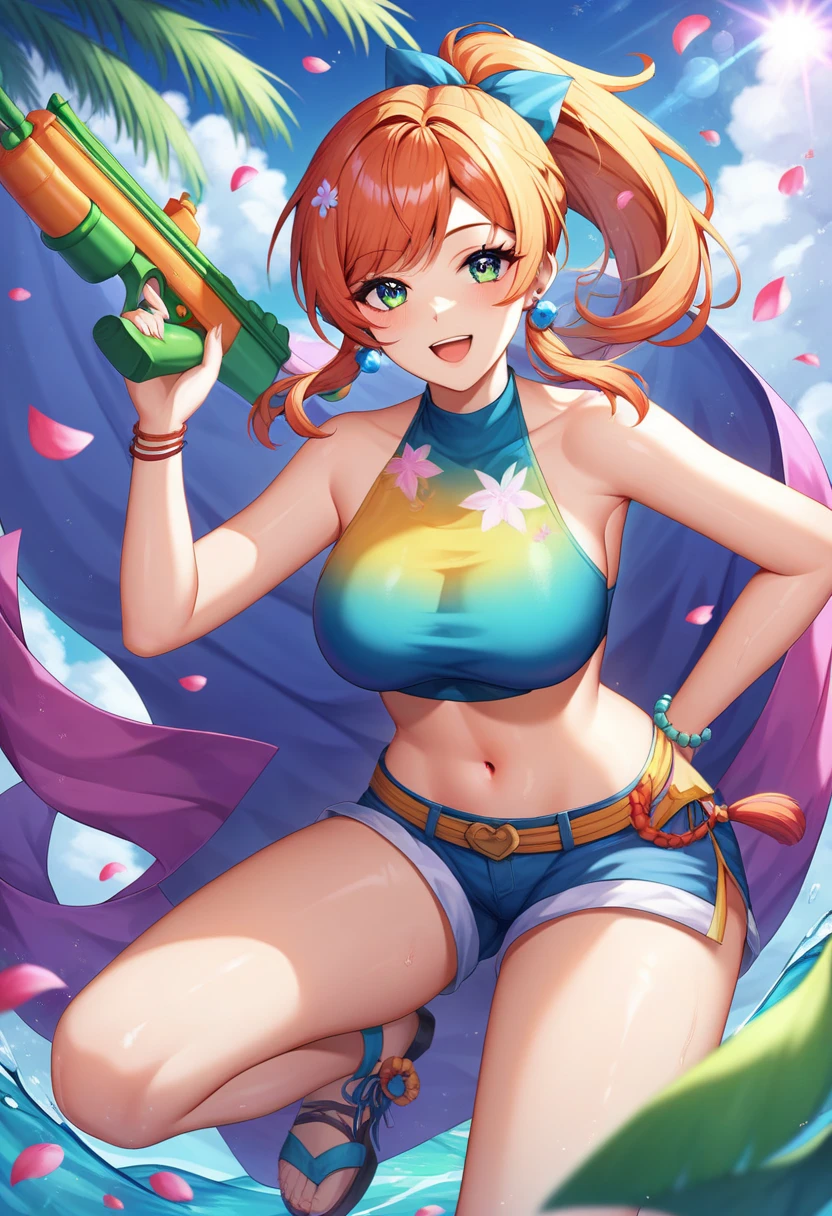 Paichang, Twin blades with blue ribbon, brown eyes, double bun,black hair, alone , Tai Chi stance, close,
Paiati,Bikini figure、Kungfu pose、high kick、
 blue sky, cloudy, evening, grassland, 
(Extremely detailed, beautiful detailed face, masterpiece, highest quality)   