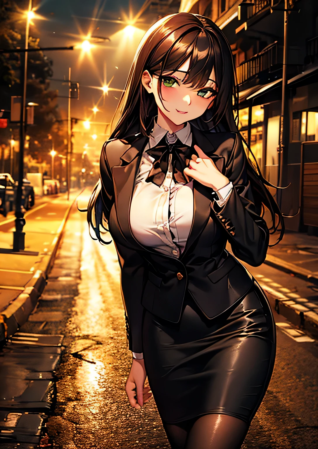 8k, very detailed, high quality , beautiful office woman , Picture holding , elegant office clothes , white button blouse with open chest, No Neckline , wears a black jacket、long black pencil skirt , black high heel eyes , Black Stockings、 black hair clip , siren's enchanting eyes , red lipstick, green eyes、 smoky eyes Korean makeup, delicate jewelry , In the back alley at night、trash scattered on the asphalt ground、I can see my fangs under my mouth、simple background