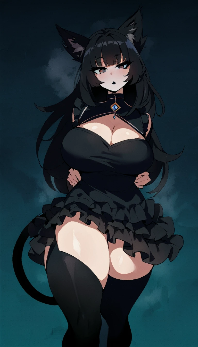 (high quality, 8k, 4K, high contrast, artwork:1.2, high quality, best aesthetics), ((1 woman)), erotic, sensual, mature body, super detailed, beautiful face detailed, beautiful eyes detailed, detailed beautiful mouth, perfect breasts, wide thighs, sexy body, (long straight black hair), (black eyes), (black lipstick), (black eyeliner), (black eyeshadow), (calm expression), (penetrating gaze), (black cat ears), (black cat tail), (short black dress with short ruffled skirt and long sleeves), (centered), (looking at viewer), (standing), (hands hidden behind the back)