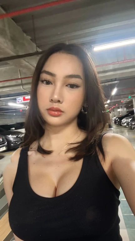 1girl, breasts, solo, cleavage, large_breasts, ground_vehicle, motor_vehicle, car, pants, looking_at_viewer, from_above, black_pants, underwear, bra, lips, long_hair, grey_eyes, black_hair, brown_hair, realistic, sports_bra, fingernails
