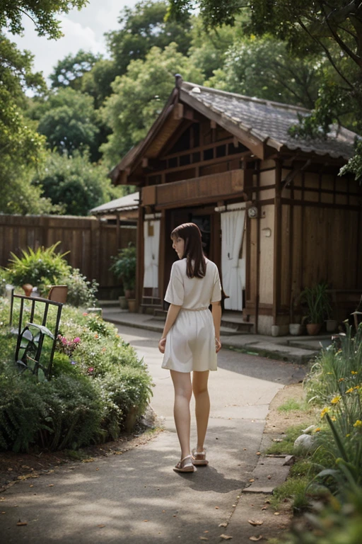 "Photorealistic, (wide angle, single figure only), a Japanese young woman walking through a garden, wearing a sky-blue dress, approaching a closed front door of a house, lush greenery around her, stepping on a stone pathway in a well-maintained garden, a hyperrealistic beautiful young woman with grayish blue eyes in glasses, natural sagging round breasts, high detailed official artwork, slim fit body, long legs, attractive young woman, (walking pose, confident posture), sunlight filtering through trees, cozy garden setting, natural light, dubnitskiy david fanart, realistic portrait, smooth photorealistic, perfect visual of a cute woman, cute woman with soft skin and delicate facial features, face focus, no distortion, one woman only, warm color tones, vivid colors, serene atmosphere, 8k and 4k resolution."