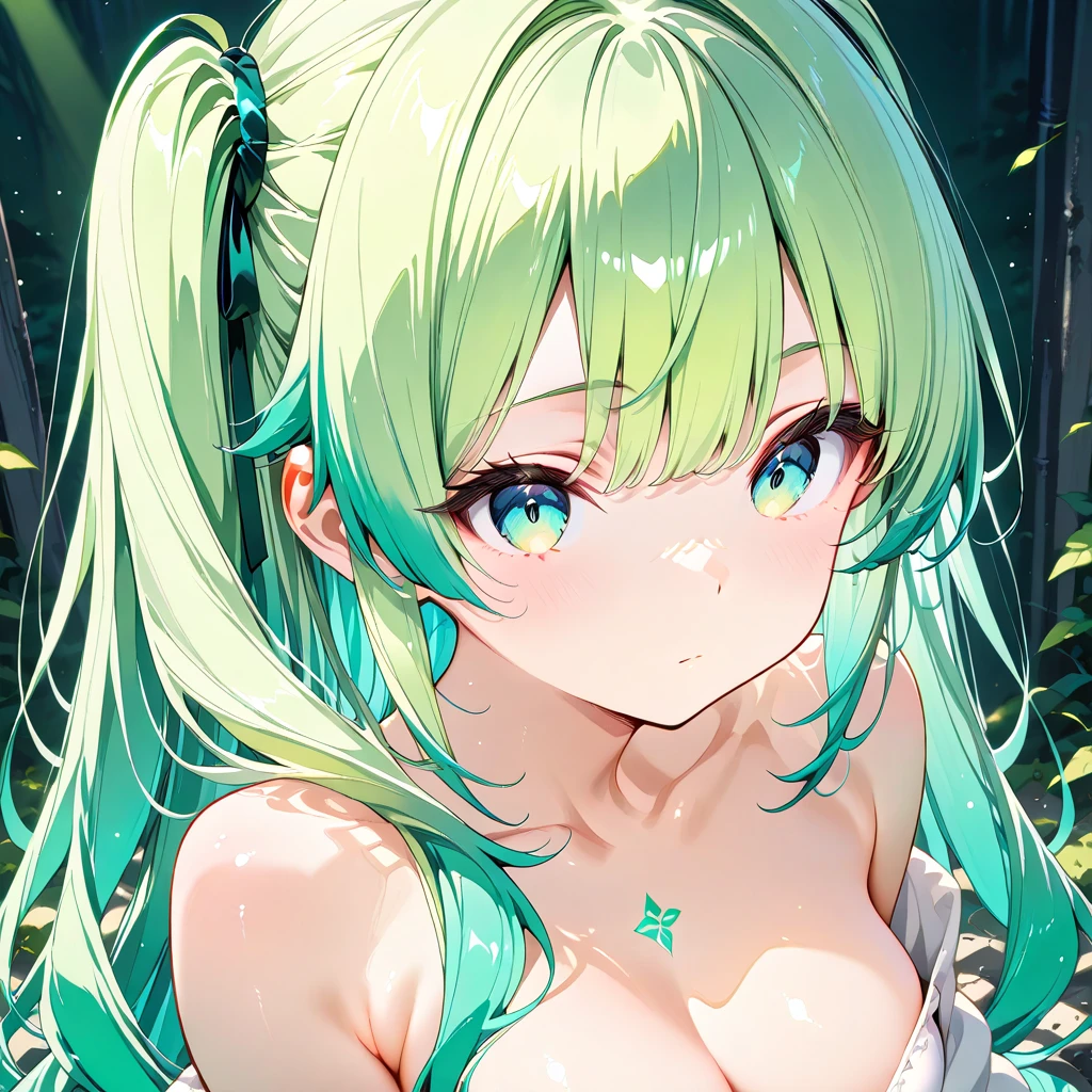 Inside a big glass ball、masterpiece、Highest quality、One girl (((Transparent dress like glass))) 、Neon color background、Halation,Realistic、High resolution、detailed、Soft Focus、Delicate facial features、Perfect Eyes、Sharp pupils、Depth of written boundary、ボケ Depth of written boundary、Sharp focus、Long twin tails、Hair ornaments are sharp、Green light、Lighting by world-class AI creators
