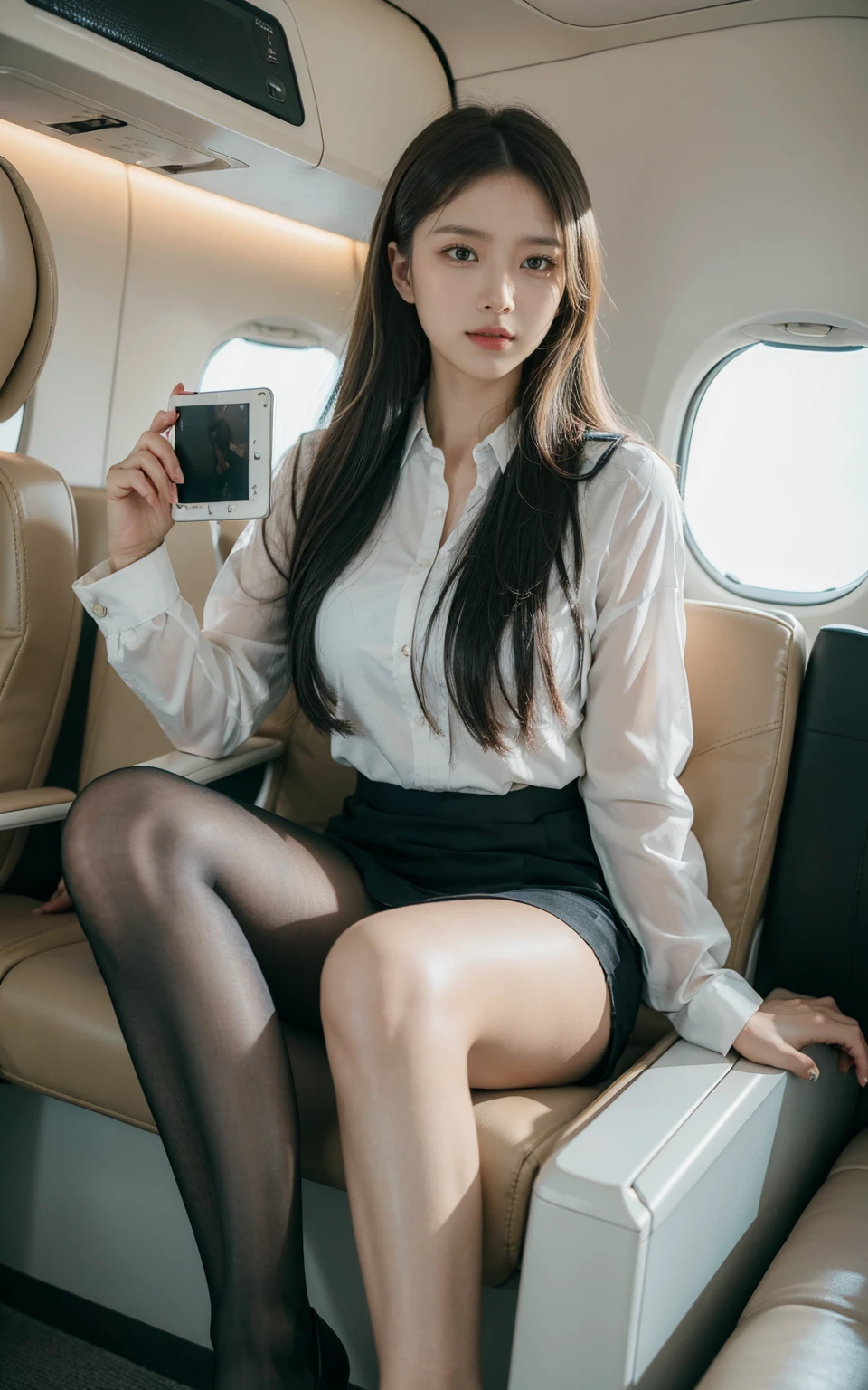 巨作 、 Best quality, (The soft,Hphotorealistic, of a real:1.2),Mature sexy Korean 27 year old woman:1.2,(full bodyesbian:1.2, 1 Korean sexy 27 year old woman,tmasterpiece,best qualityer,Hyper-detailing,softness,Super sexy face:1.65,Fine and detailed eyes and detailed face:1.2) (garments:Light flight attendant uniform, Manteau:1.38,The shirt:1.43, Silk scarf, Silver square stud earrings:1.3, Medium ruffle skirt:1.3, Black stockings cover the legs:1.3, Crystal stiletto heels:1.3), allure:whaite hair,Natural makeup,(Chest occlusion:1.72),(Purple eye:1.05),thin hips,Cleavage is seductive,maternal,looking at me,curvy build,volutpuous,volutpuous,full bodyesbian,lipsticks(mature femal:1.1),独奏,(curves:1.1), Large butts,The thighs are thinner,Beautiful slender(Heavenly, Aircraft cabin, Empty background:1.1),(Single full-body photo:1.2),(Sit Pose:1.38,Dignified and generous:1.71),(Asymmetrical hair),Light blush,The soft:1.1,Ultra-realistic fingers,Hide finger oil, Ultra-realistic legs,Slender legs, Super white skin,Parting lips, Closed mouth, Light blush, Modern, Depth of field, Ultra-wide angle, 16k,The ultra -The high-definition, retinas, Textured skin, High quality, A high resolution