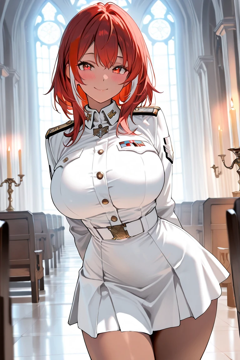 big breast, (highest resolution, distinct_image) Great, Masterpiece, high detail, semi-realist, disgraced 2, a beautiful woman, Alone, normal and attractive posture, short red hair, gold eyes, indifferent expression, 18 years, YOUNG, Tall and strong , white and red military uniform, pants, pants militares, military boots, military uniform, military school, safe, Serious, very cold and proud, standing on a cliff, with a view to