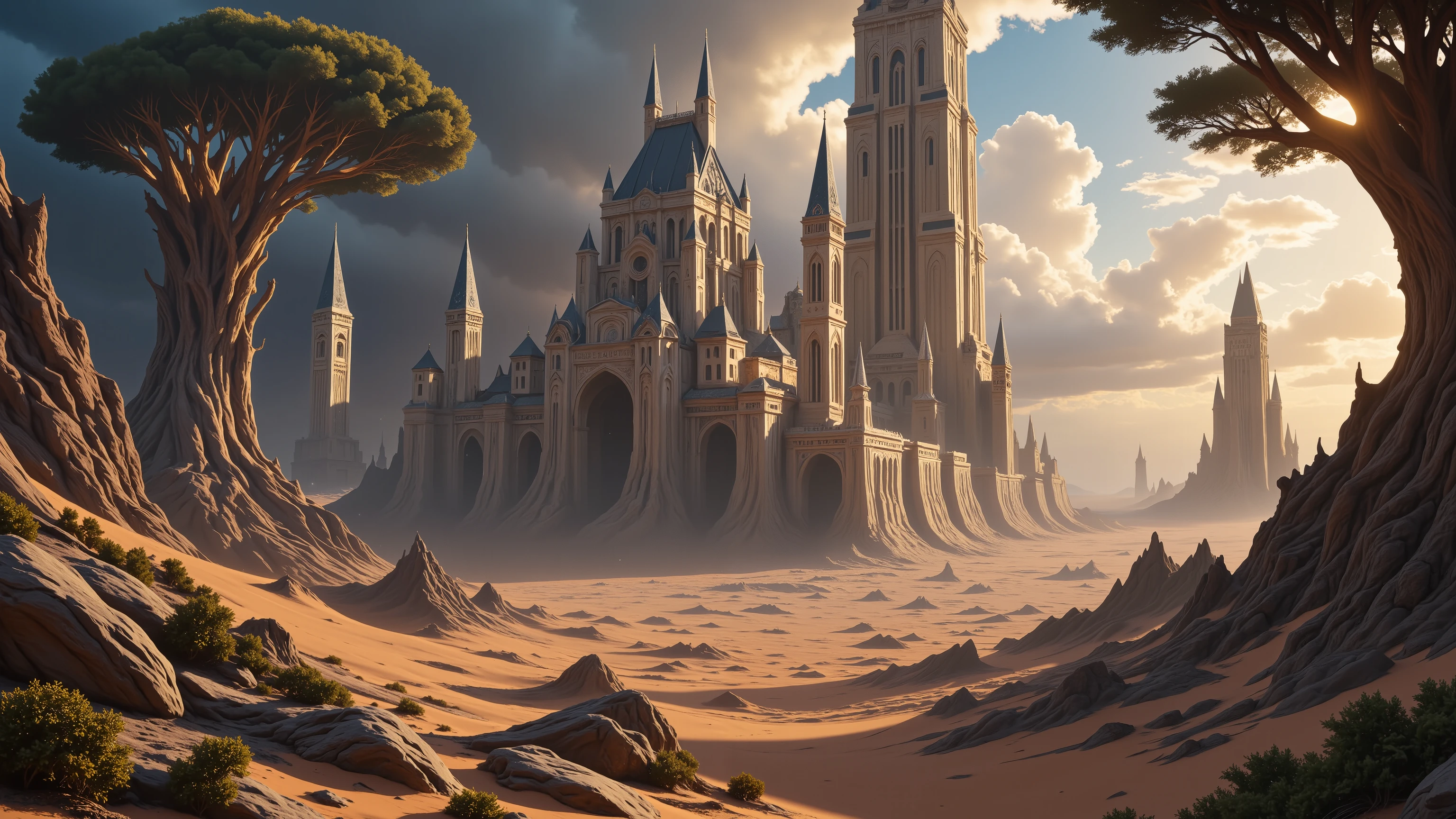 crée un paysage qui mèle 4 zones distinctes, un très vaste désert aride. une cité avec de très hautes tours qui semble être habitées par des érudits et bourgeois. Une foret des murmures, mystique ombragée et dans le ciel un temple majestueux, ray tracing, 16k, UHD, cinematic, masterpiece, award-wining