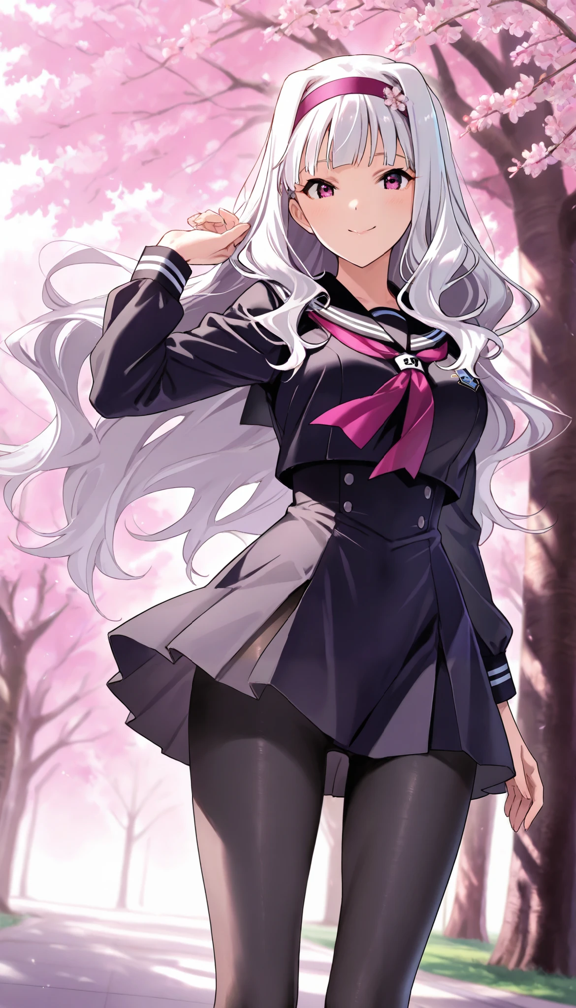 score_9 , score_8_up , score_7_up , source_anime ,1 girl, solo, Shijou Takane, white hair, long hair, purple eyes, headband, black Sailor Suit, (black pantyhose: 1.5), (smile: 1.1), cherry tree