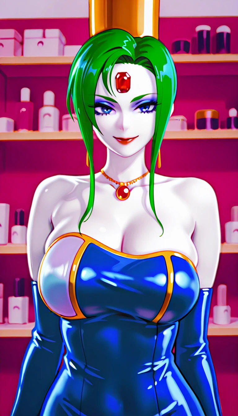 (masterpiece,best quality,ultra-delicate,Perfect Face,16k,high resolution,very beautiful woman), Atsugessho:1.3,  upper body shot,deep green hair,blue latex bodycon dress, long latex gloves, green tights, (huge breasts), gold headpiece, pale blue skin, red gem on forehead, pink mist, ((cosmetics counter)), holding large red ball on rope, necklace, smirk, (extremely glossy)