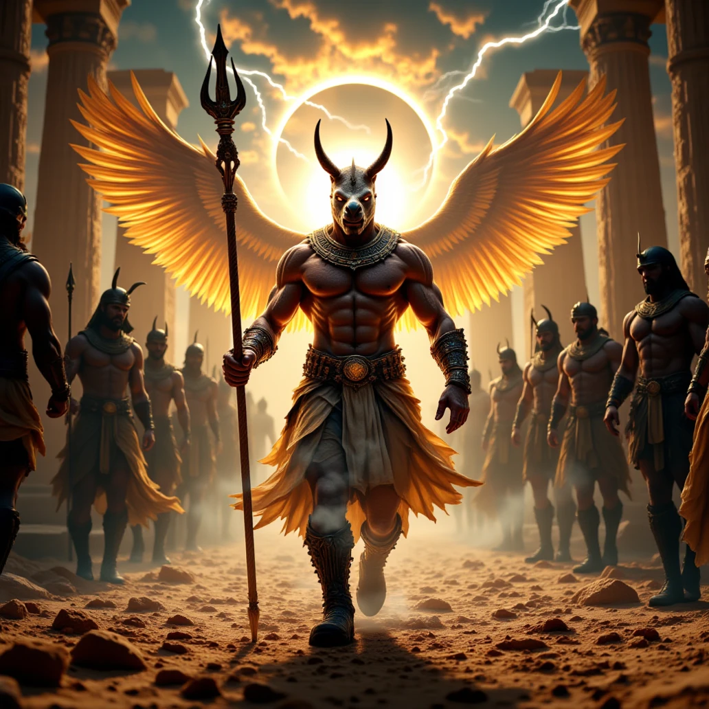 Double exposure style
Prospect: (High Resolution, Hyperrealism, ultra-detailed, Depth Of Field, Close-up) Angry Muscular Egyptian God with the head of a vicious rhino and falcons wings. (Dynamic Movement) Walking down the center line of his troops clutching a golden spear. He is donned in the armor. He's a powerful and menacing Ancient Egyptian God.
Silhouette: The name "Rhinum-Ra" overlayed, egyptian soldiers in formation surrounded by Ancient Egyption Monuments and a Solar Eclipse with lightning (Colorful, Dynamic Pose, Dynamic contrast ,Silhouette intensity strong)