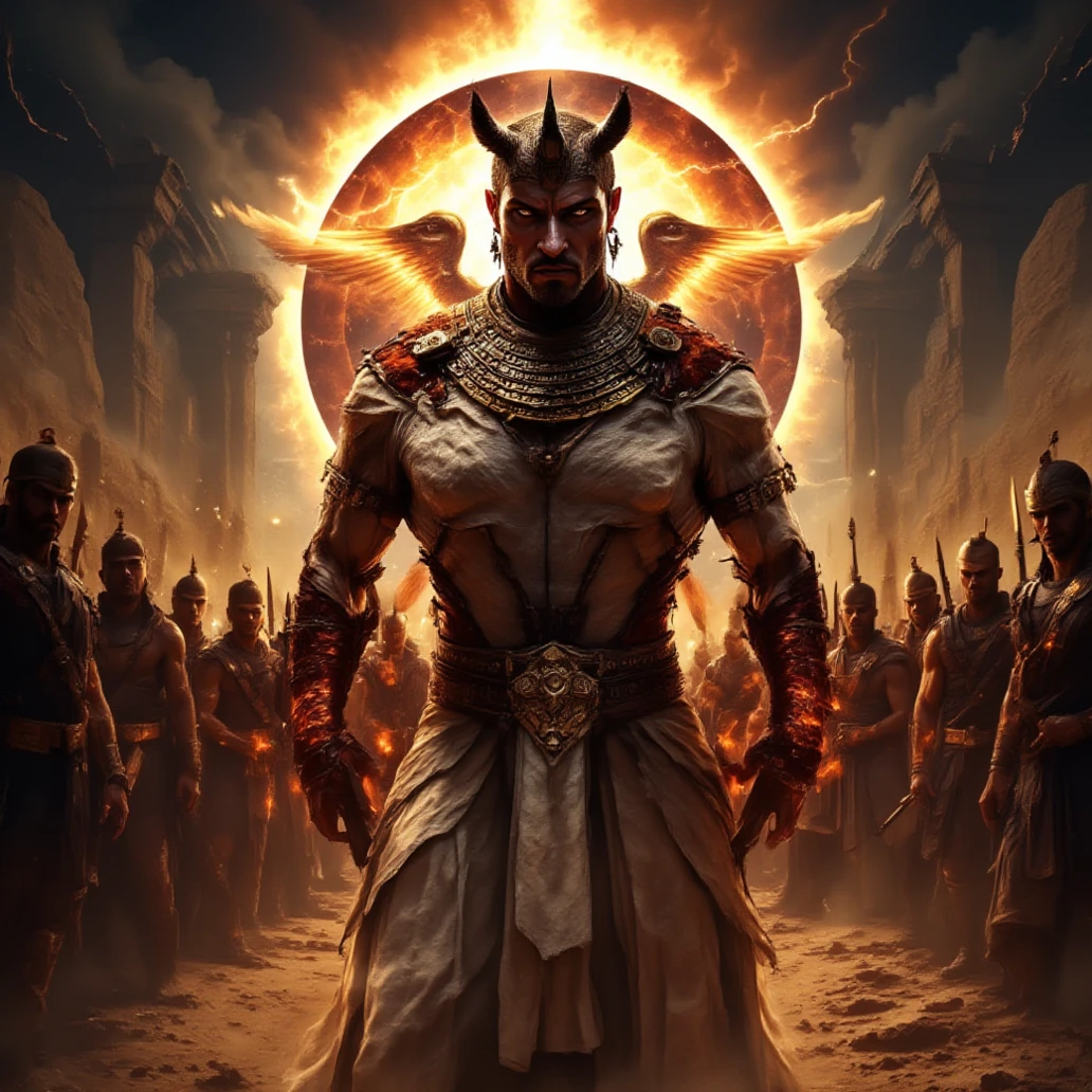 Double exposure style
Prospect: (High Resolution, Hyperrealism, ultra-detailed, Depth Of Field, Close-up) Angry Muscular Egyptian God with the head of a vicious rhino and falcons wings. (Dynamic Movement) Walking down the center line of his troops clutching a golden spear. He is donned in the armor. He's a powerful and menacing Ancient Egyptian God.
Silhouette: The name "Rhinum-Ra" overlayed, egyptian soldiers in formation surrounded by Ancient Egyption Monuments and a Solar Eclipse with lightning (Colorful, Dynamic Pose, Dynamic contrast ,Silhouette intensity strong)