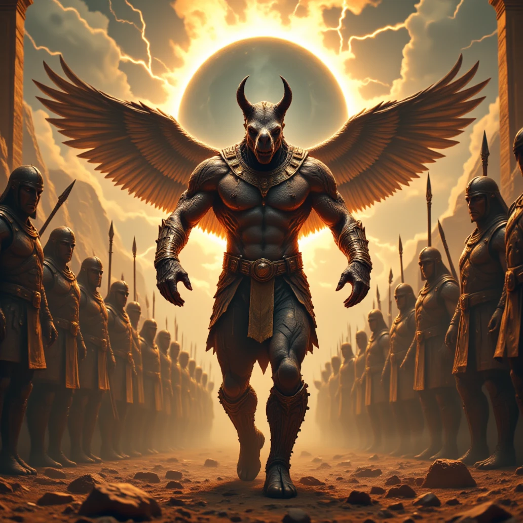 Double exposure style
Prospect: (High Resolution, Hyperrealism, ultra-detailed, Depth Of Field, Close-up) Angry Muscular Egyptian God with the head of a vicious rhino and falcons wings. (Dynamic Movement) Walking down the center line of his troops clutching a golden spear. He is donned in the armor. He's a powerful and menacing Ancient Egyptian God.
Silhouette: The name "Rhinum-Ra" overlayed, egyptian soldiers in formation surrounded by Ancient Egyption Monuments and a Solar Eclipse with lightning (Colorful, Dynamic Pose, Dynamic contrast ,Silhouette intensity strong)
