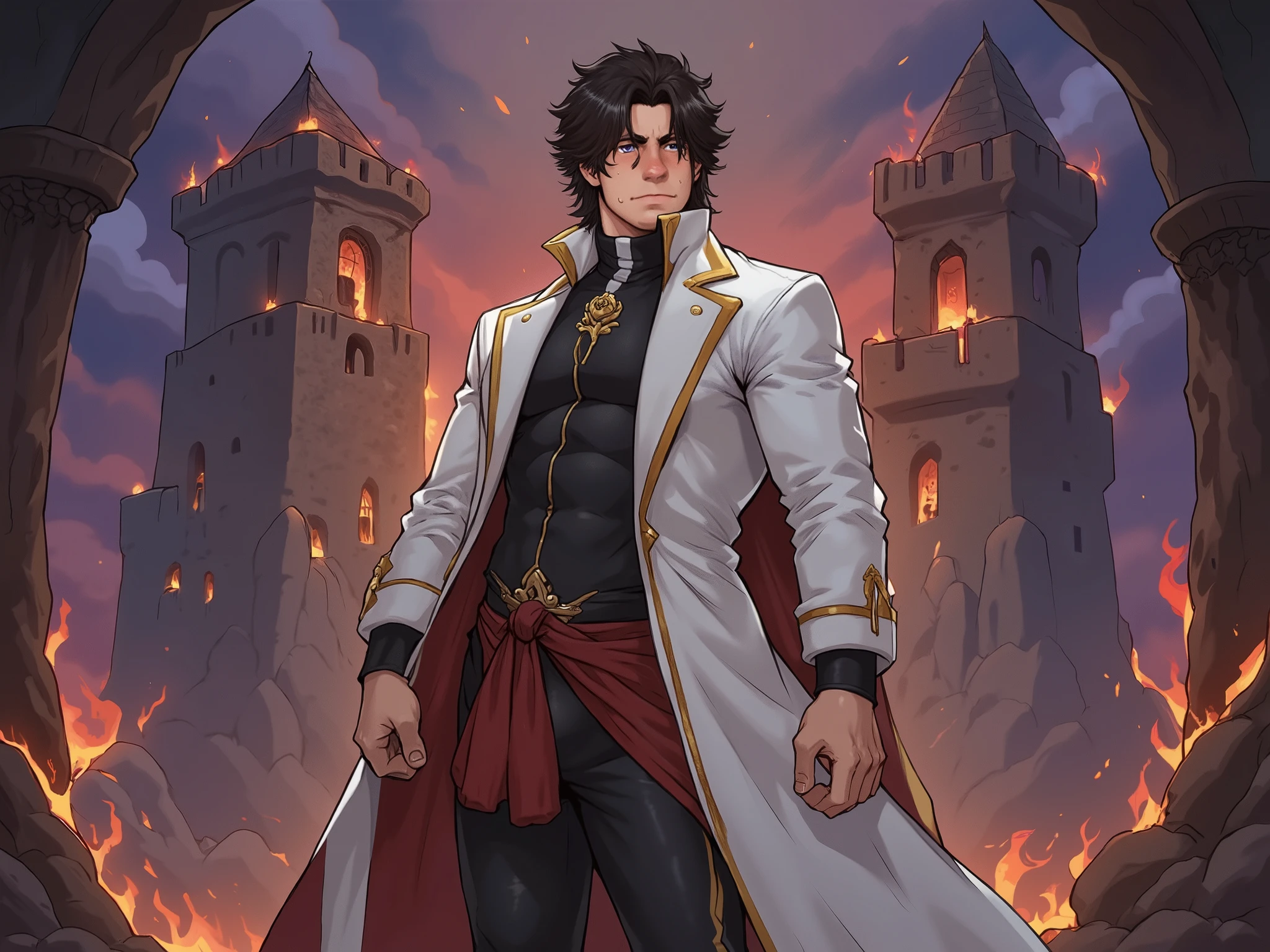 (Artwork ) Full view of the character , full-bodied character in the image.
character: Dark-brown-haired Jacaerys Velaryon, With dark brown hair, violet-eyed, vistiendo ropas of black and red colors.
Appearance of the prince: ager, in white leather, Shoulder-length black-haired wavy, intense violet eyes, youthful face, without a beard, athletic and muscular body.
Clothing: elegant clothes, of black and red colors.
bottom: inside a dark and volcanic castle.