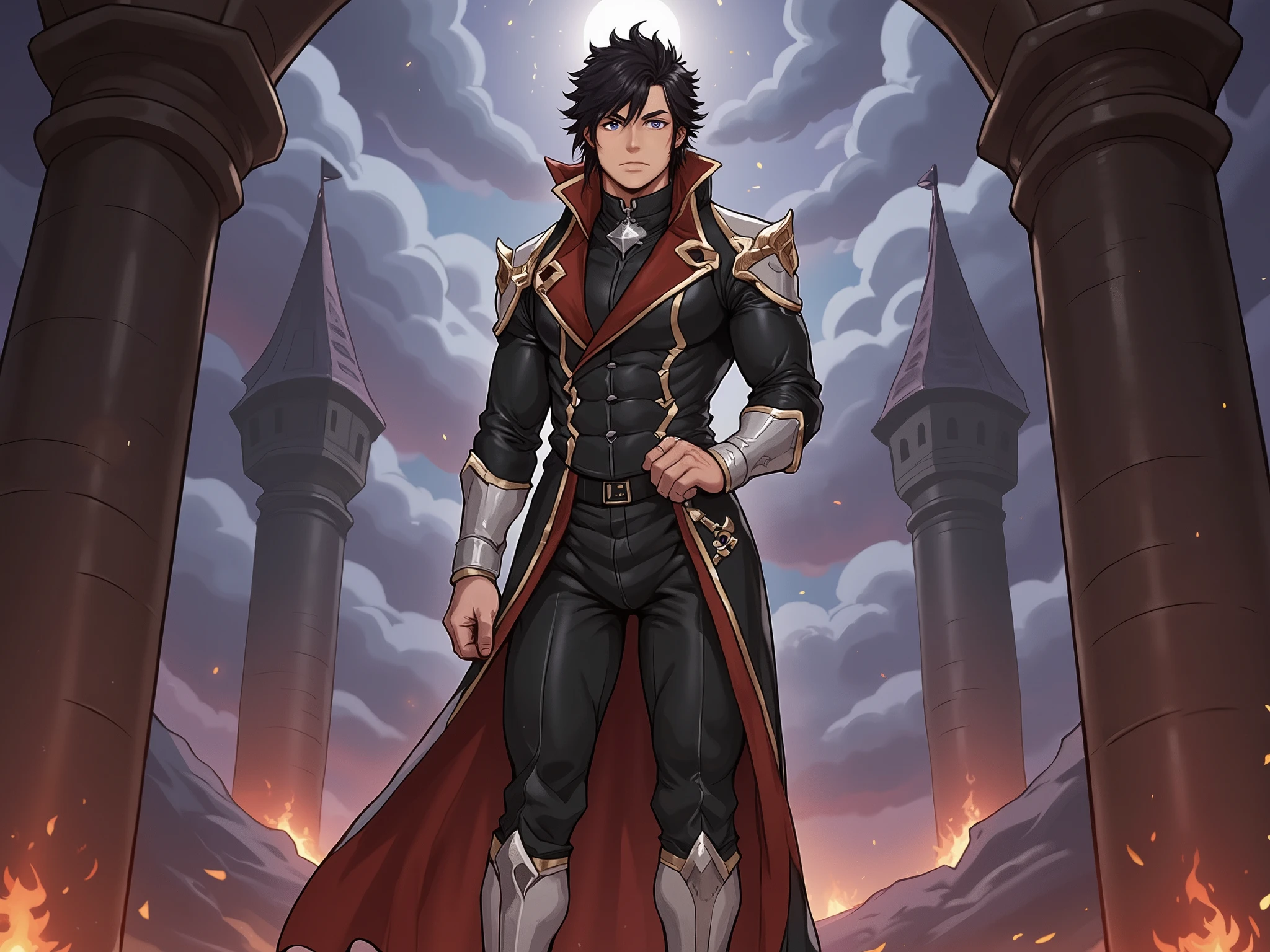 (Artwork ) Full view of the character , full-bodied character in the image.
character: Dark-brown-haired Jacaerys Velaryon, With dark brown hair, violet-eyed, vistiendo ropas of black and red colors.
Appearance of the prince: ager, in white leather, with long black hair wavy, intense violet eyes, youthful face, without a beard, athletic and muscular body.
Clothing: elegant clothes, of black and red colors.
bottom: inside a dark and volcanic castle.