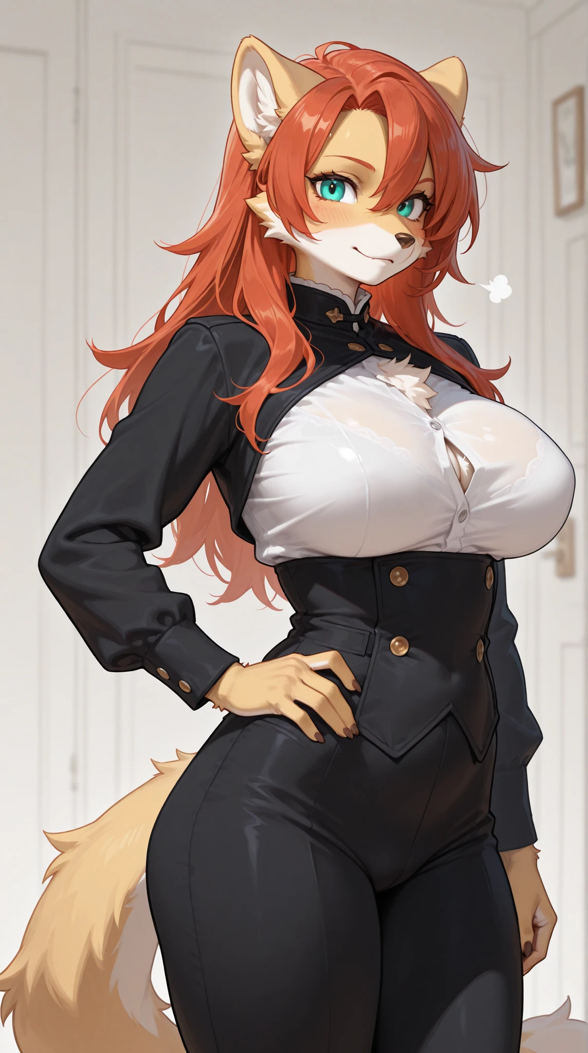 A big-breasted woman with long red hair in a ponytail and fox ears and a tail
