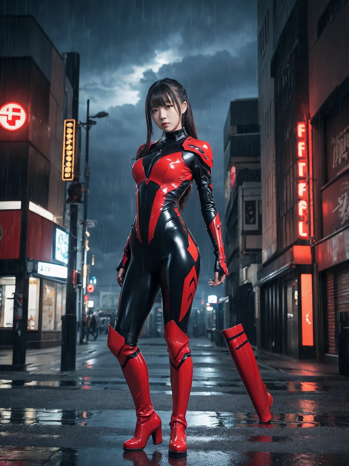 (Fox Girl, Fox Ears, Silver Hair, Fox Makeup, One Girl, Long Hair, Alone on the screen, dark skin, High definition:1.6), (mecha musume, Machinery Parts,Robot Joints, White and red clothes, Full body mechanical suit:1.8), (Body measurements are 75-60-75!, Young girl body, Small breasts, Proudly, Standing posture, slender, muscle:1.9), Avatar, face, lewd face, Dominant representation, naughty face, Uplifting, Skin Texture, outside, ruins, Ruined City, Broken Building, There are no people