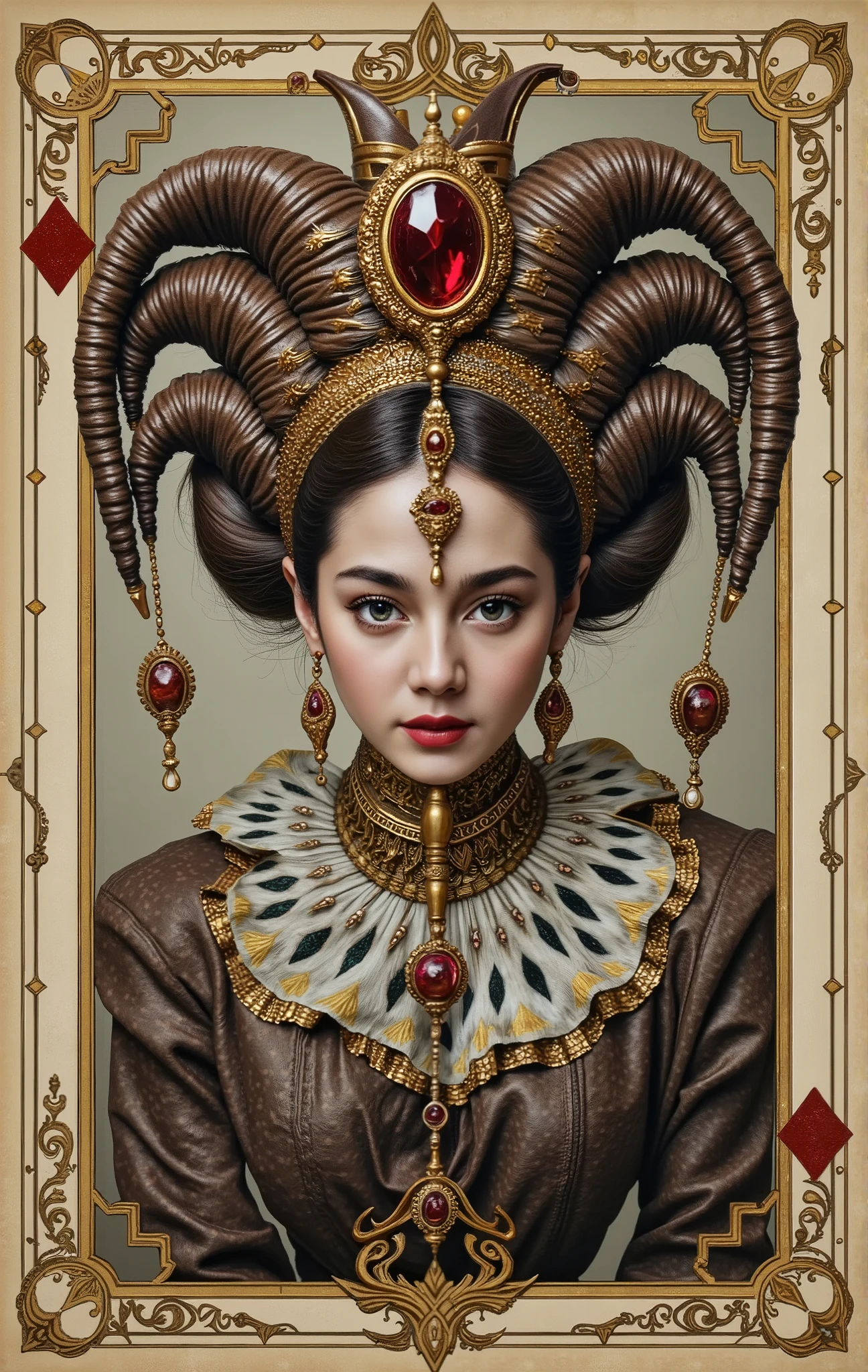 A fantastical playing card featuring mysterious cards, delicately decorated borders and touches of gold, featuring an illustration ofa fantastical joker-woman clown in the center, its head features red ruby adorns the center of this ornate headdress, adorned with intricate gold ornamentation. Highly detailed and high-quality image