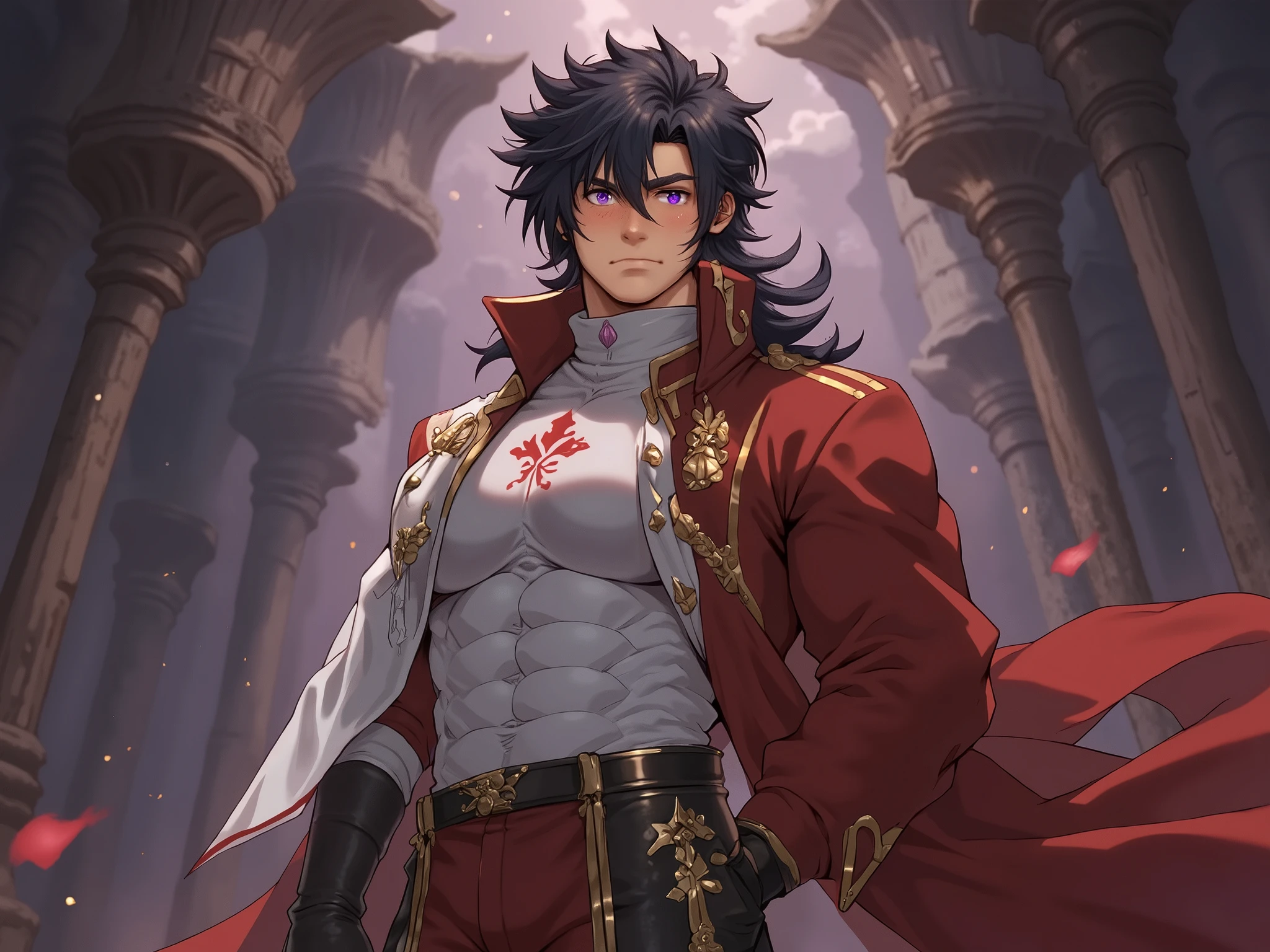 (Artwork ) Full view of the character , full-bodied character in the image.
character: Dark-brown-haired Jacaerys Velaryon, With dark brown hair, violet-eyed, vistiendo ropas of black and red colors.
Appearance of the prince: ager, in white leather, Shoulder-length black-haired wavy, intense violet eyes, youthful face, without a beard, athletic and muscular body.
Clothing: elegant clothes, of black and red colors.
bottom: inside a dark and volcanic castle.