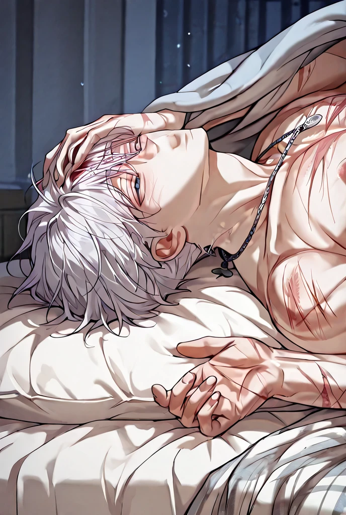 One man, huge albino man male wild broad shouldred ,athletic male huge Bodybuilder big male Mesomorph round permanent red pofy  male serratus torso hands down,white undercut hair ,blue eyes upwards eyes,wear sroyte Heart Slip Chain Necklaces,,don't show his male lower body,lay down on his back big bed unconsciousness sleep close eyes ,alone in bed his hands lower down acrosshis body,blanket on his lower body,lay down on his back on bed unconsciousness close , long deep wounds scars on his  and his right blue ,his head on Mattress ,from side view 