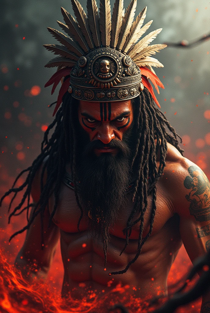 Hermosa chica con caHyper-realistic, cinematic portrait of a MEXICA (Aztec) WARRIOR in full battle charge, emerging from shadows with VIOLENTLY VIVID DARK TONES. His body is a monstrous sculpture of WAR-HARDENED MUSCLE—thick neck like a stone column, shoulders like obsidian axes, and a ????? armored with scarred tissue. His face is a mask of FEROCITY: golden eyes burning with sun-fire, teeth bared in a battle scream, and skin gleaming with a mix of sweat and ritual blood in deep copper-crimson tones.

He wears the sacred gear of an Eagle Warrior:

A quetzal-feather headdress ???????? like wildfire in motion

A jaguar-skin cape fused to his back with golden chains

Obsidian-studded macuahuitl (war club) spraying crimson droplets

Gold piercings (nose/lips) and ritual scars glowing in the gloom

The background is a burning temple at midnight—indigo smoke, ember-filled skies, and sacrificial flames casting blood-orange light on his body. The palette is DARK TECHNO-INDIGENOUS: electric turquoise feathers vs. volcanic blacks, with neon-ritual body paint (Maya blue + poison-green) pulsing in the darkness.

STYLE:

8K photorealistic with subsurface scattering on skin

Chiaroscuro lighting (Caravaggio meets Apocalypto)

Dynamic motion blur (feet crushing bones, fabric/feathers in chaos)

Ultra-detail: Every scar, tooth, and obsidian shard is razor-sharpbello largo y ondulado, vestido bohemio, sosteniendo una pizarra blanca con el texto "I Love Seaart Infinity" y mostrándola al espectador