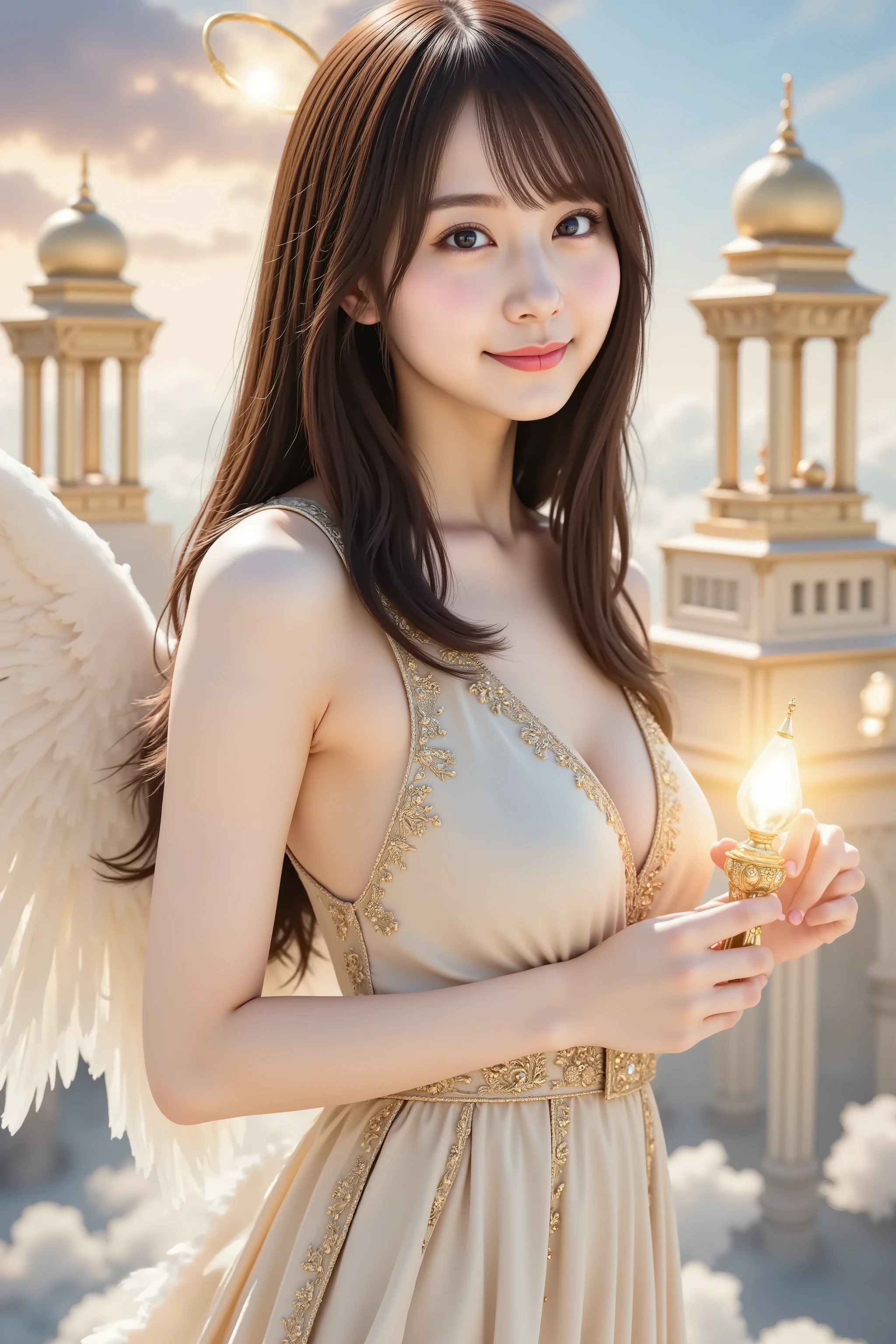 misaki, huge breast, A highly detailed, ultra-realistic digital illustration of a beautiful young Asian female angel standing gracefully in the celestial heavens, holding a small, ornate angelic staff infused with divine energy. She is depicted from the waist up, her long, voluminous chestnut brown hair cascading in soft curls, with a few strands elegantly framing her delicate face. A radiant, golden halo floats above her head, casting a gentle glow around her. Her almond-shaped eyes shimmer with serenity and devotion, exuding an aura of purity and peace.
She wears an exquisite angelic gown, flowing and weightless, crafted from layers of shimmering white and soft gold silk. The bodice is adorned with delicate celestial embroidery, sparkling under the heavenly light. Translucent, feathered wings extend from her back, their pristine white feathers catching the ambient light, giving her a truly divine presence. In her hands, she gently holds a small, luminous staff, adorned with intricate engravings and a glowing crystal at its tip, radiating soft golden light that resonates with celestial energy.
The staff appears to channel divine power, its delicate structure woven with sacred inscriptions and shimmering filigree. It pulses softly, as if in harmony with the celestial realm, a symbol of guidance and heavenly wisdom. The gentle glow from the staff illuminates her surroundings, accentuating her ethereal beauty.
The background remains an awe-inspiring celestial kingdom, where endless clouds form a floating paradise beneath her feet. The sky above is a luminous expanse of pastel golds, soft blues, and streaks of gentle pink, with beams of divine light cascading down from an unseen sun. Ethereal floating temples with grand marble pillars and golden domes drift in the distance, their silhouettes blurred by the radiance of the divine realm. Angelic figures soar gracefully across the heavens, their white wings shimmering against the celestial backdrop.