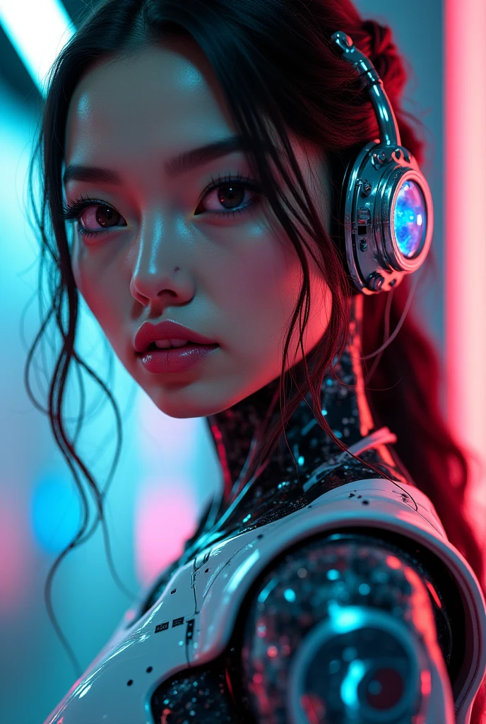 1 realistic girl,white goods, long hair, breasts big, ((Extraordinarily realistic details)), portraite, World-class lighting, ombre, octane rendering, 8f, ultra sharp, white metal,complicated, detailed jewellery, cool colors, highly complicated details, realistic light, trends at CGSociety, glare eyes, beautiful  face, cleary see face, Double eyelids, Pose as a model, Face the camera., neon details, mechanical members, blood vessels connected to tubes, Wires and cables connected to the body, highy detailed, เทคโนโลยีจากfuture world, future world, alien tech, space ship, Advanced alien world, cutting edge technology