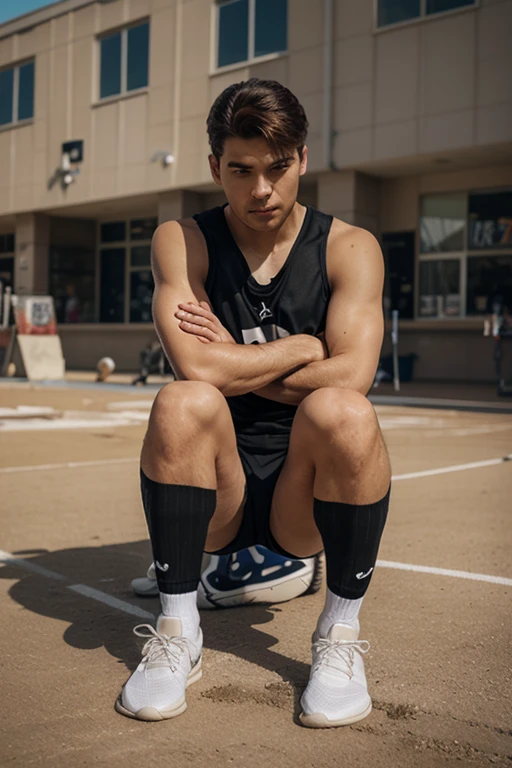 American teen boy, wavy brown hair, basketball shorts, muscular, happy trail, hairy legs, hairy armpits, grey eyes, white skin