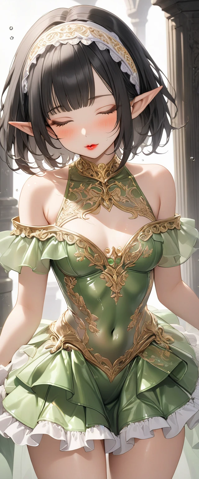 bride,Sense of atmosphere, best qualtiy,tmasterpiece,1girll,10yaers old,Green dress,atlibrary,The upper part of the body,closeup cleavage,With short black hair,big breasts beautiful,looking at viewert,ssmile,Green Bridal Veil,Green Long Grove,Satin green long gloves, lipsticks, Green Pearl Necklace