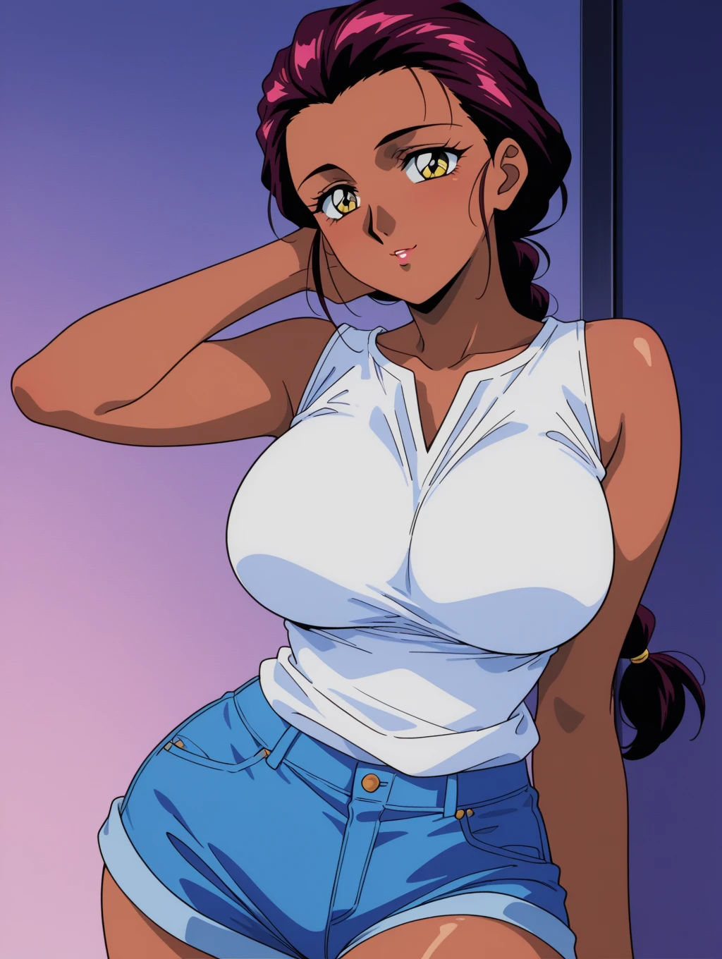 girl, african american, very long and smooth black hair, dark skin, light blue eyes, 37 kg weight, 146 cm height, ample bust, wet see through white t-shirt, very short jeans shorts