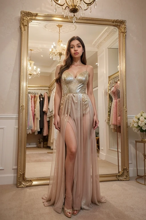 Office scene, A radiant, full-figured South Indian plus sized 35 year old aunty wearing a cream colour colour glittered chiffon short party gown, captured in a full-body image with vibrant hues and meticulous details. Full body image