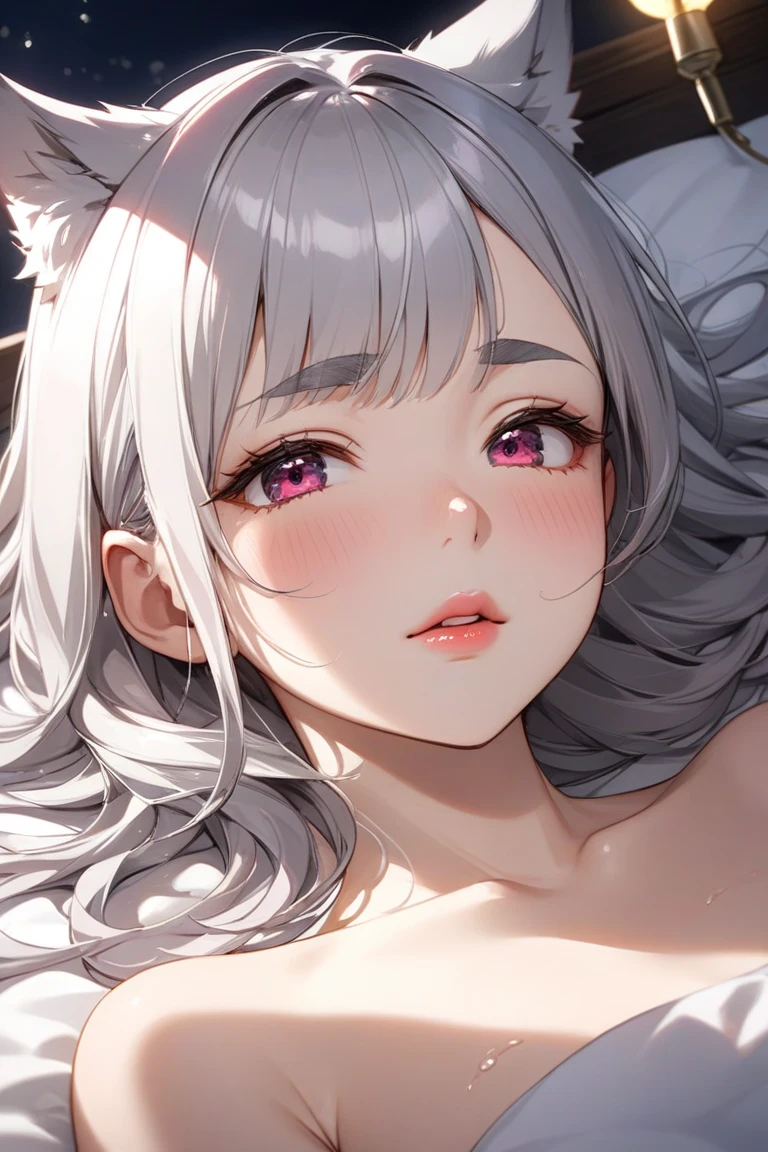(High quality) (best quality) (A woman) (correct physiognomy) (perfect pupils) (perfect eyes) woman Human-sheep hybrid, deep white hair, long and fluffy, two Sheep ears coming out of her head, Red eyes, sensitive lips, feminine appearance, soft facial features, thin eyebrows, soft skin, rosy cheeks, rosy lips, silky eyelashes, dreamy expression, middle age, youthful clothing, sweatshirt with print sheep, photo illuminated by sunlight, Woman lying in her bed.