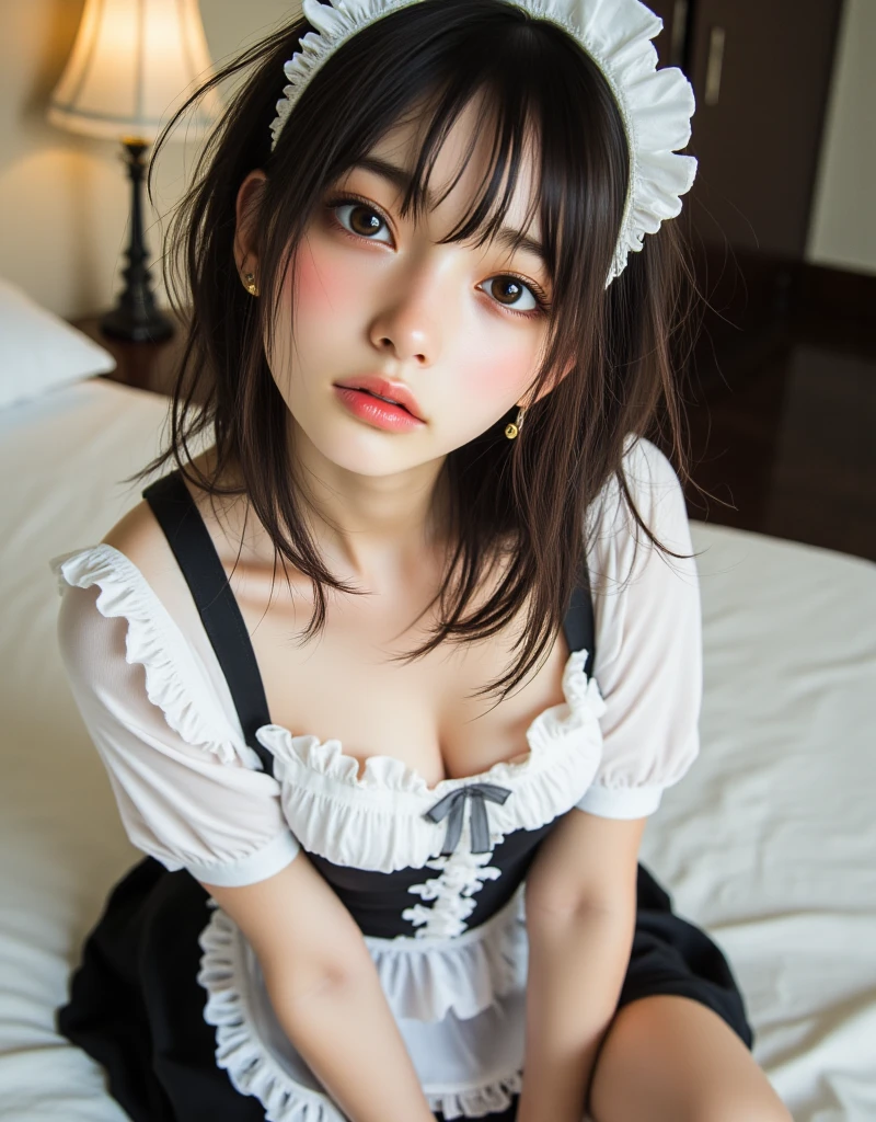 (UHD, retina, masterpiece, accurate, anatomically_correct, textured_skin, super_detail, high_details, high_quality, best_quality, high_res, 1080P, HD, 4K, 8k, 16k), (beautiful_detailed_eyes, beautiful_detailed_lips, extremely_detailed_eyes_and_face), soft_lighting, physically-based_rendering, vivid_colors, (shiny_hair, shiny_skin, tanned_skin), eye_reflection, (bangs:1.5), (splash_curl:1.2), (bokeh, bedroom), semi-profile_view, (chibi_maid, toddler girl:1.2),