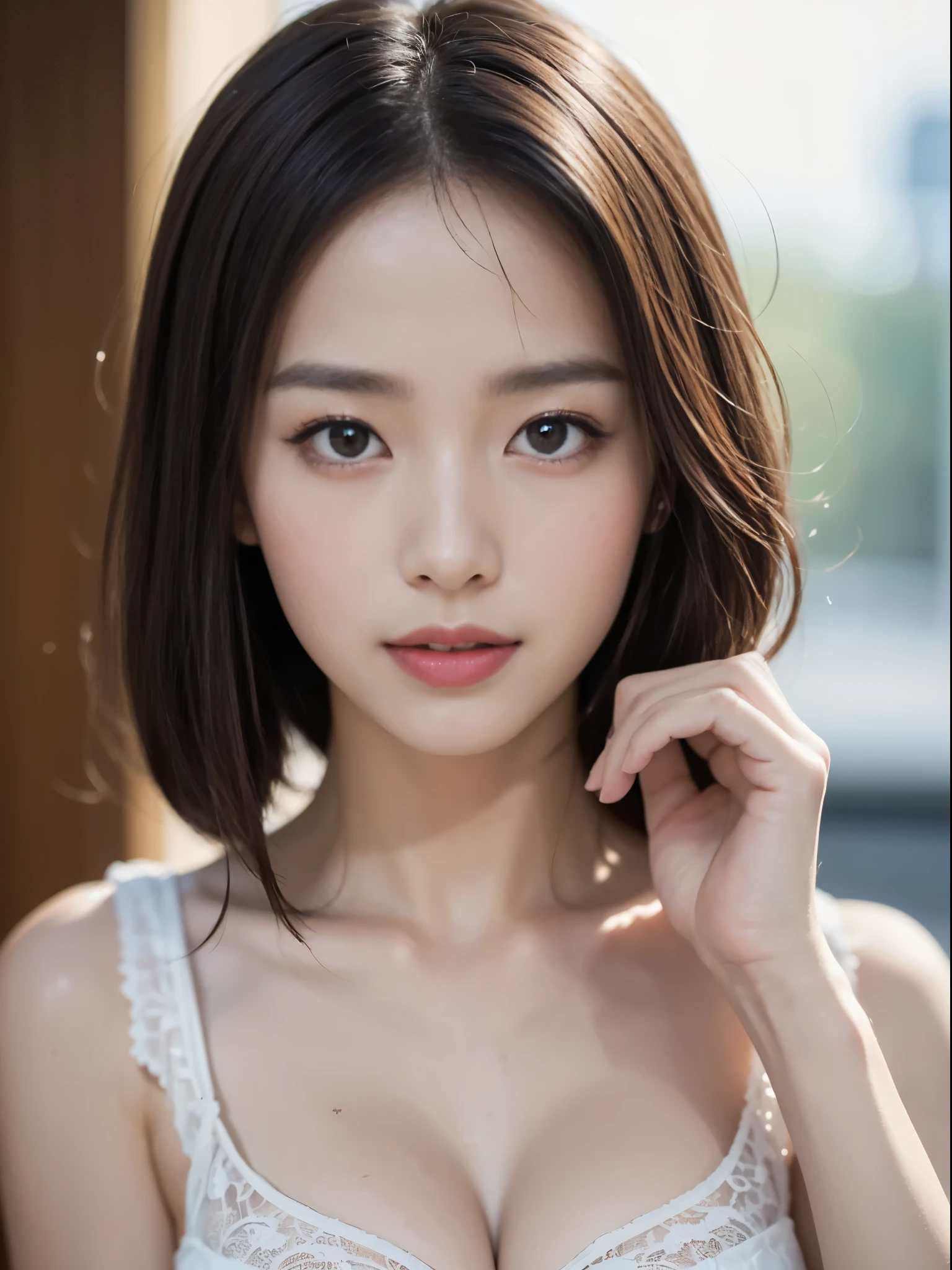 (highest quality,8K quality,masterpiece:1.3,),(Super high resolution,Photoreal:1.4,Raw photo),(super detailed,shiny skin,fine skin),(detailed face,perfect anatomy,caustics),(bust up shot),(Rays of light spread across the screen:1.5),(world of light:1.5),(Immaculate world:1.5),(girl in the light:1.4),black short bob,smile,stare at the camera,