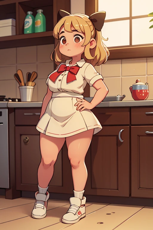 A pudgy of late adolesce with rosy cheeks; brown eyes; muscular, toned, athletic, veiny, very thick, fat, Rubenesque chubby legs and feet; creamy blonde hairs. Her fat legs have varicose veins. She is in a white dress with a prominent bow on her waist; she is wearing black dress shoes. She is standing in a kitchen on her phone. Her panties are visible between her legs. Her knees are pressed together, her legs bent.